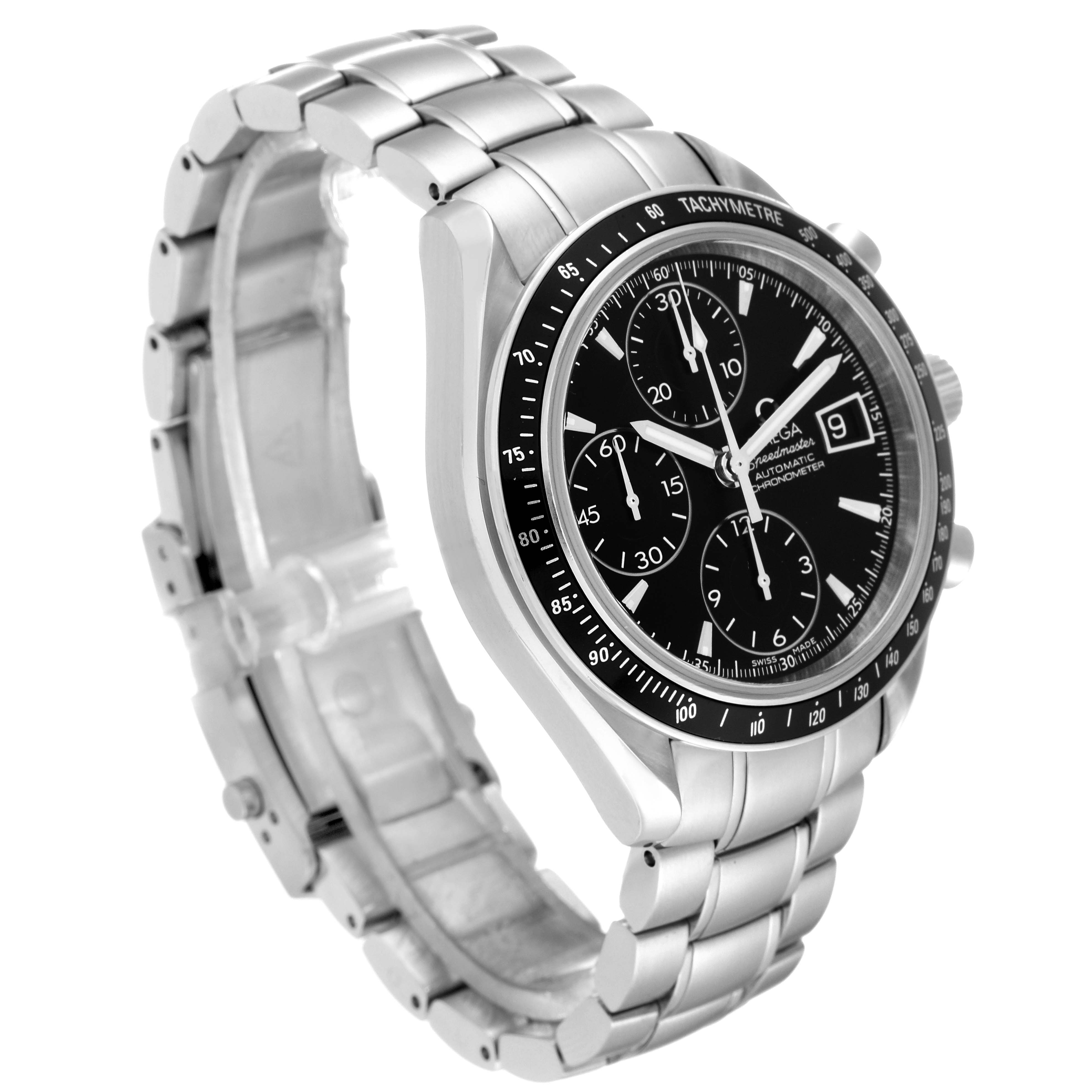 The image shows an angled side view of the Omega Speedmaster 3210.50.00 Men
s Stainless Steel Black Dial 3210.50.00 Men
s Stainless Steel Black Dial watch, highlighting the watch face, bezel, and stainless steel bracelet.