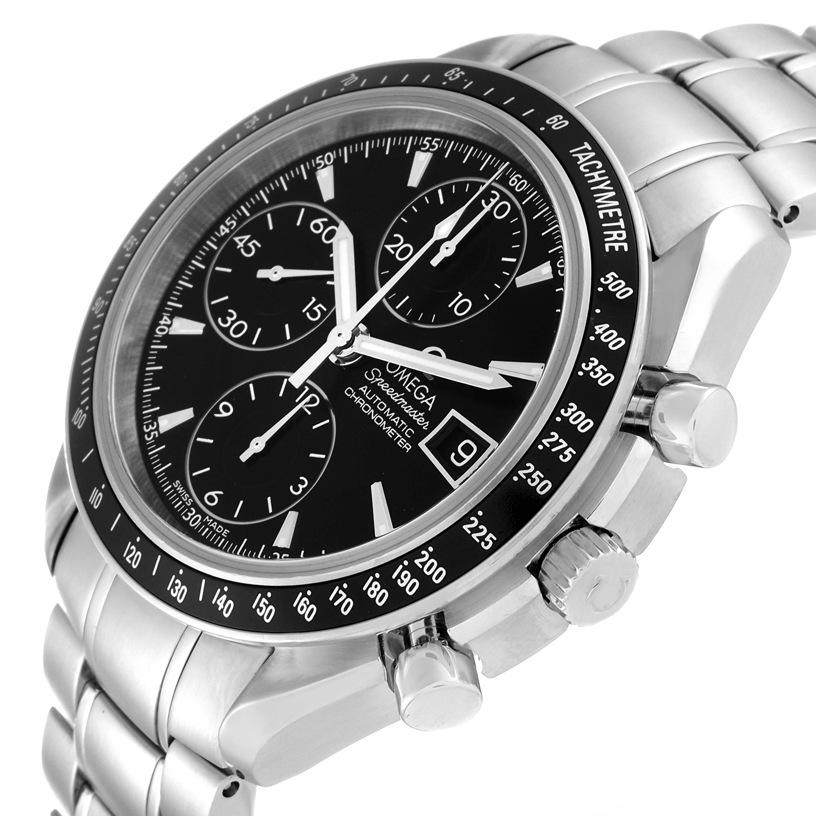 The image shows an angled close-up view of the Omega Speedmaster 3210.50.00 Men
s Stainless Steel Black Dial 3210.50.00 Men
s Stainless Steel Black Dial watch, highlighting its tachymeter bezel, chronograph subdials, and bracelet.