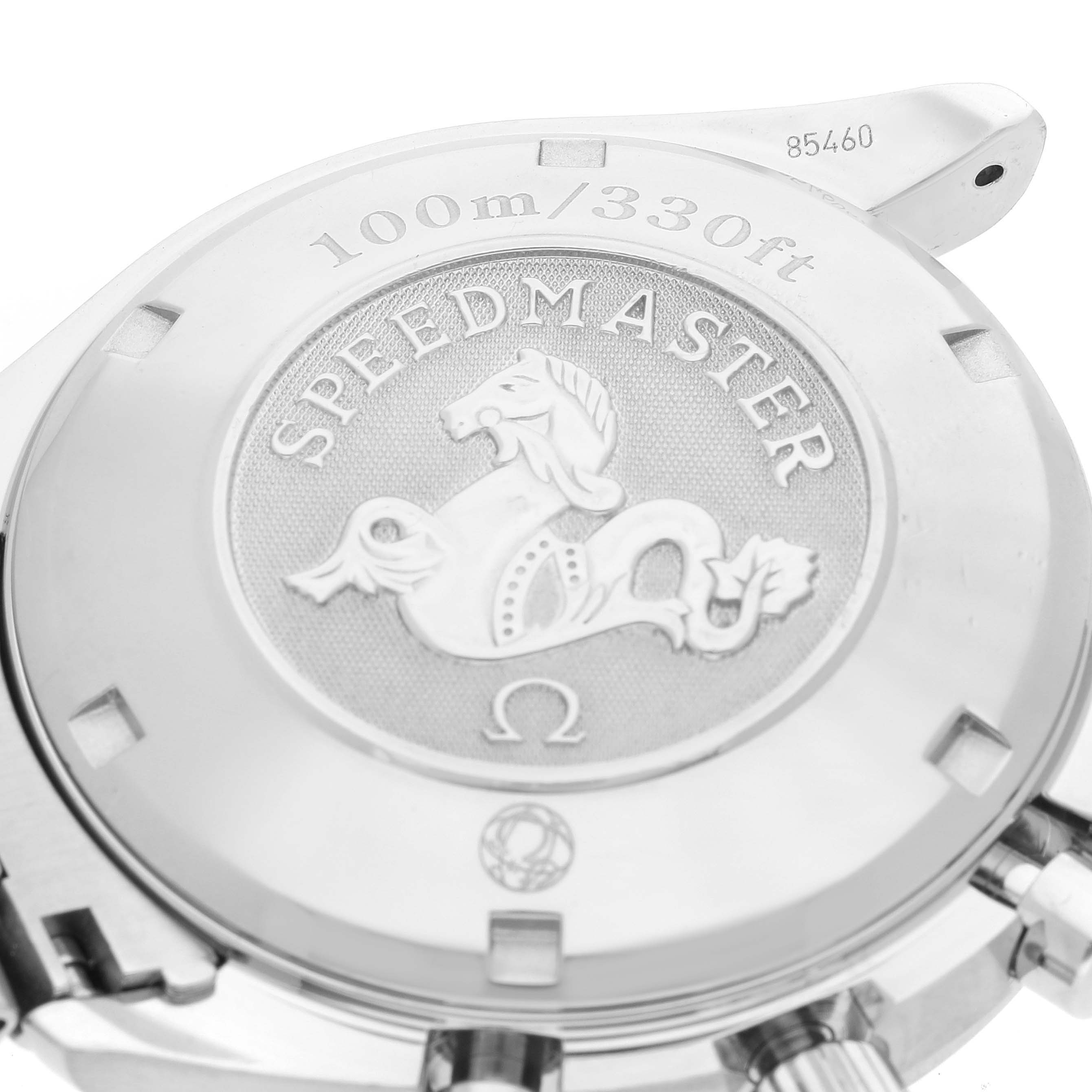 The image shows the back case of an Omega Speedmaster 3210.50.00 Men
s Stainless Steel Black Dial 3210.50.00 Men
s Stainless Steel Black Dial watch, featuring the logo, water resistance, and model engraving.