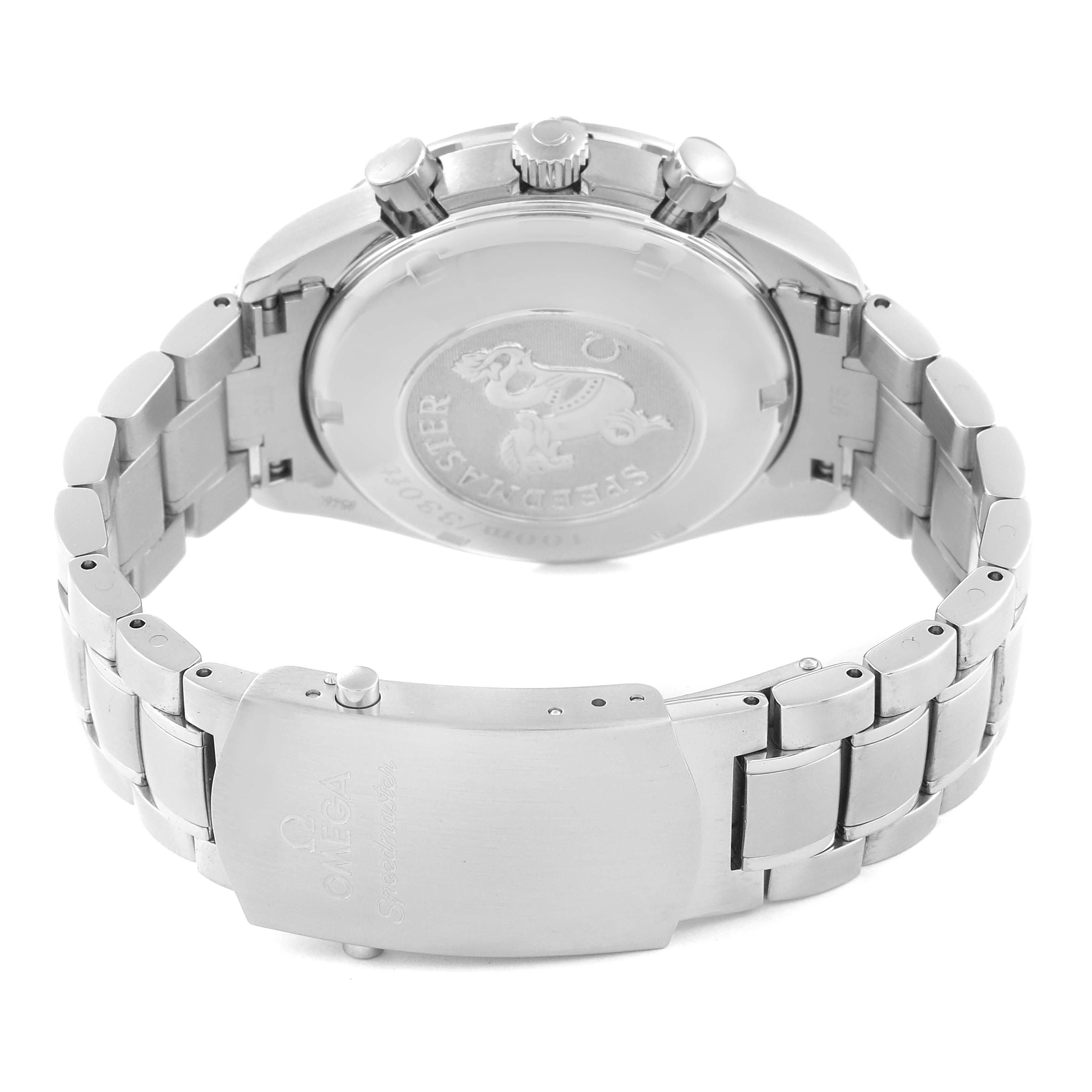 The image shows the back case and metal bracelet of an Omega Speedmaster 3210.50.00 Men
s Stainless Steel Black Dial 3210.50.00 Men
s Stainless Steel Black Dial watch, viewed from the rear angle.