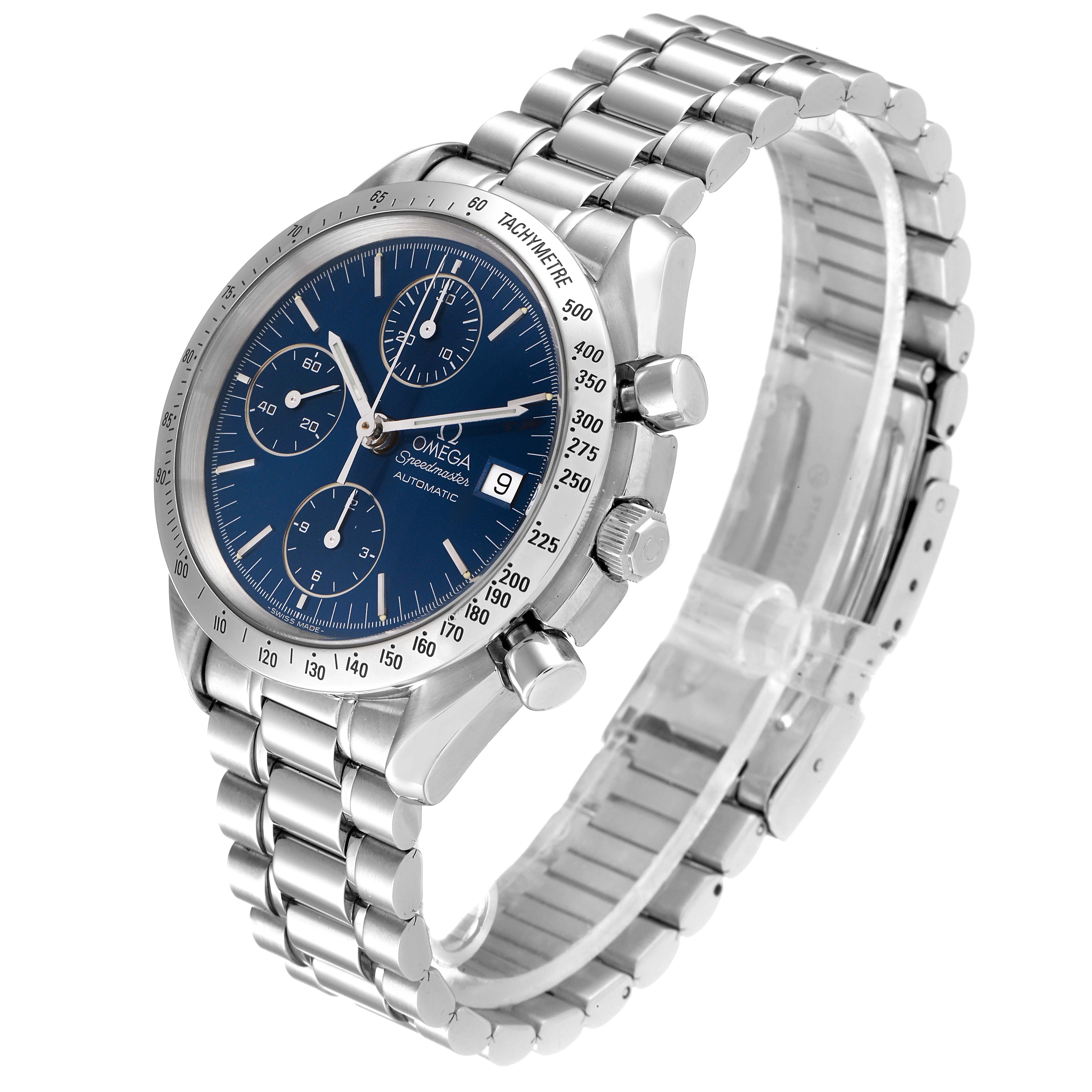 The image shows an Omega Speedmaster 3511.80.00 Men
s Stainless Steel Blue Dial 3511.80.00 Men
s Stainless Steel Blue Dial watch at an angled side view, displaying the face, bezel, buttons, and metal bracelet.