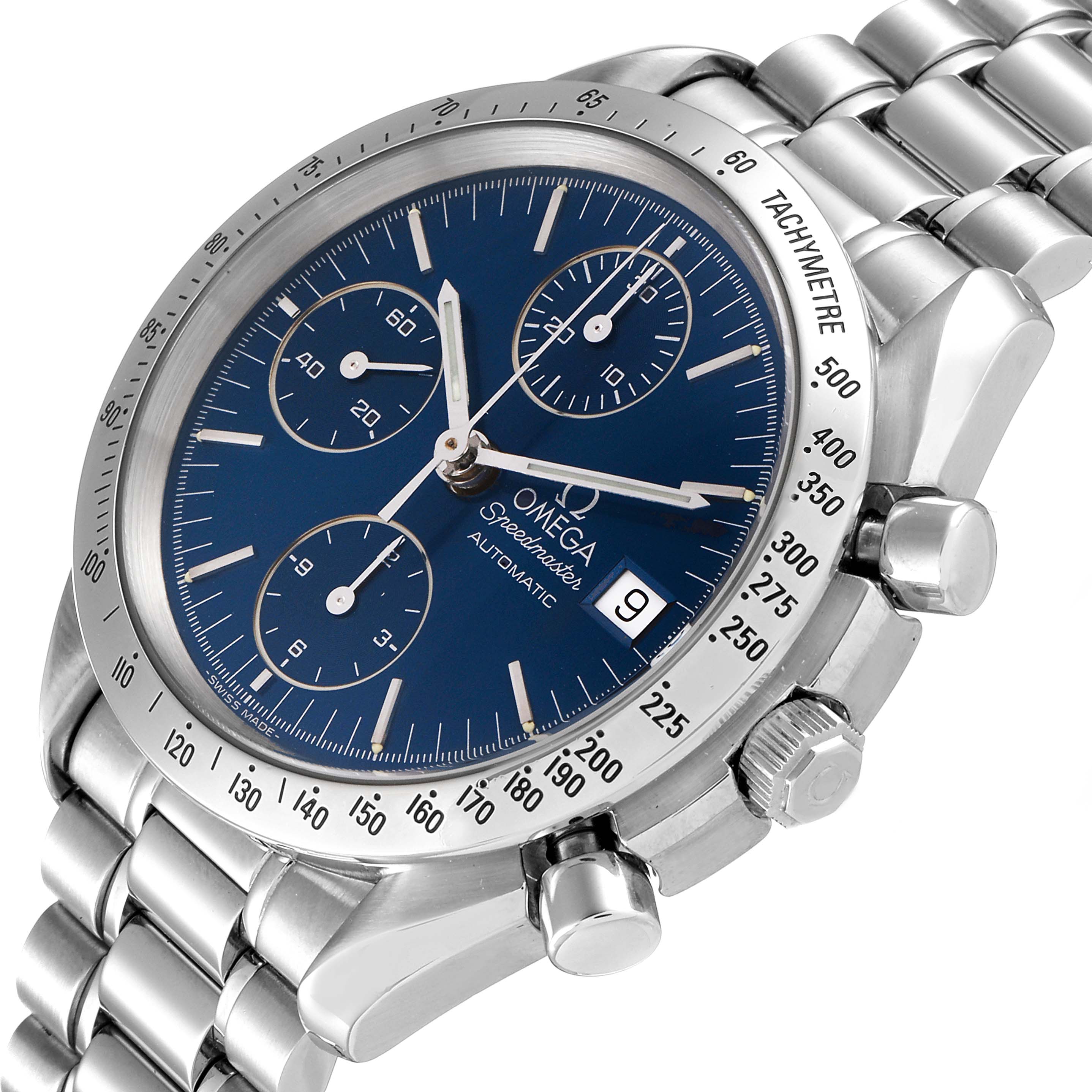 The image shows the Omega Speedmaster 3511.80.00 Men
s Stainless Steel Blue Dial 3511.80.00 Men
s Stainless Steel Blue Dial watch from a slight angled view, highlighting the dial, tachymeter bezel, pushers, and bracelet.