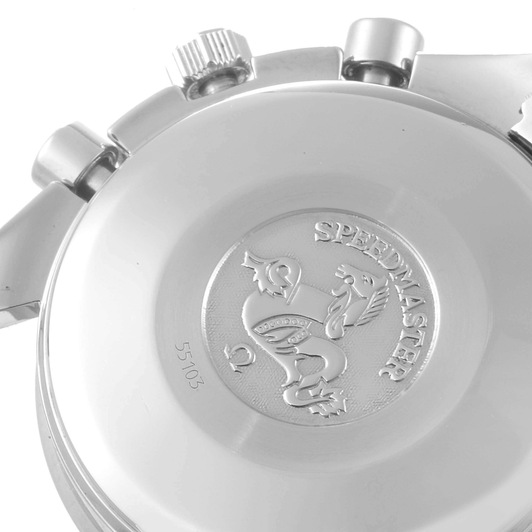 This image shows the case back of an Omega Speedmaster 3511.80.00 Men
s Stainless Steel Blue Dial 3511.80.00 Men
s Stainless Steel Blue Dial watch, highlighting the engraving and crown.