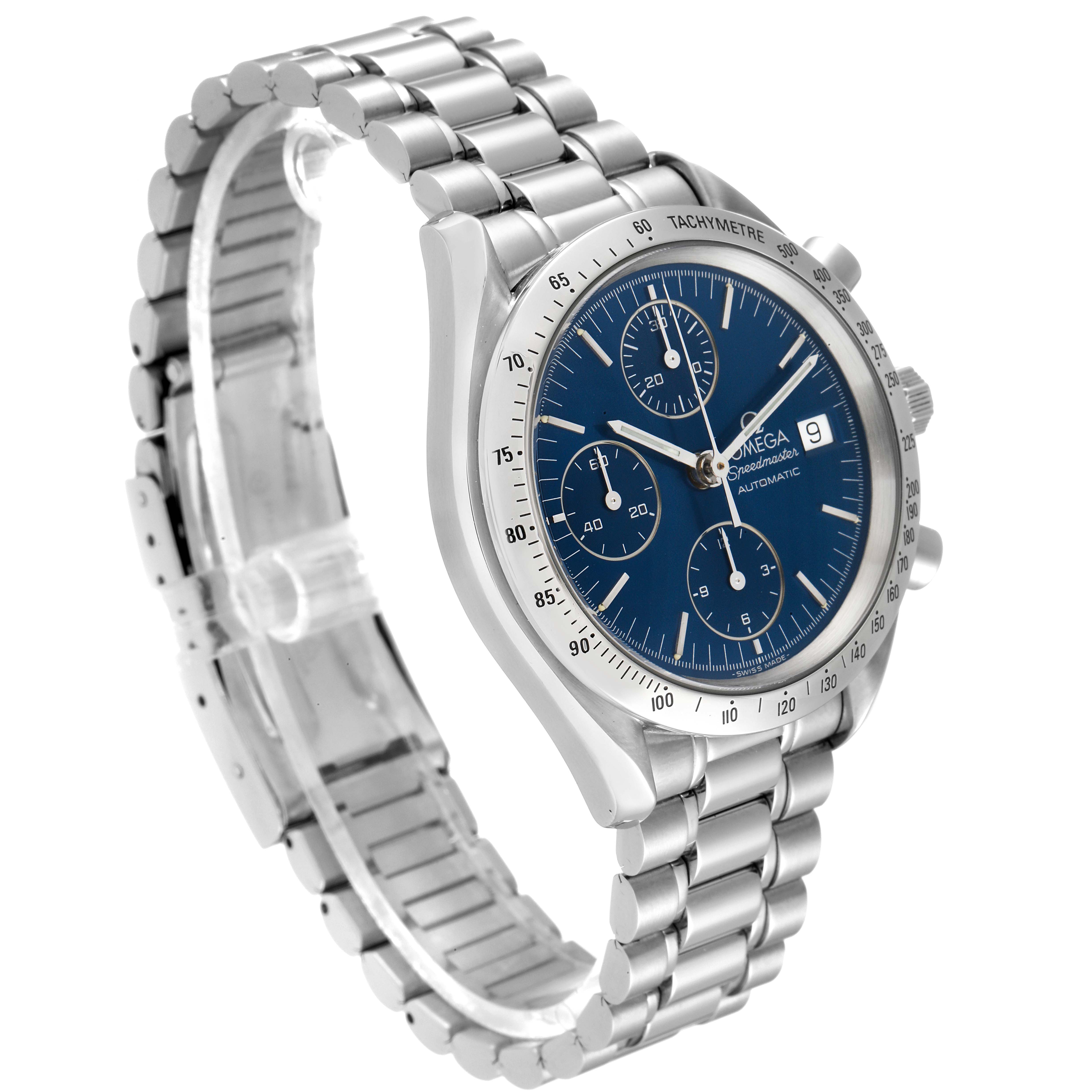 This Omega Speedmaster 3511.80.00 Men
s Stainless Steel Blue Dial 3511.80.00 Men
s Stainless Steel Blue Dial watch is shown from a slightly tilted front angle, highlighting the wristband and blue dial.