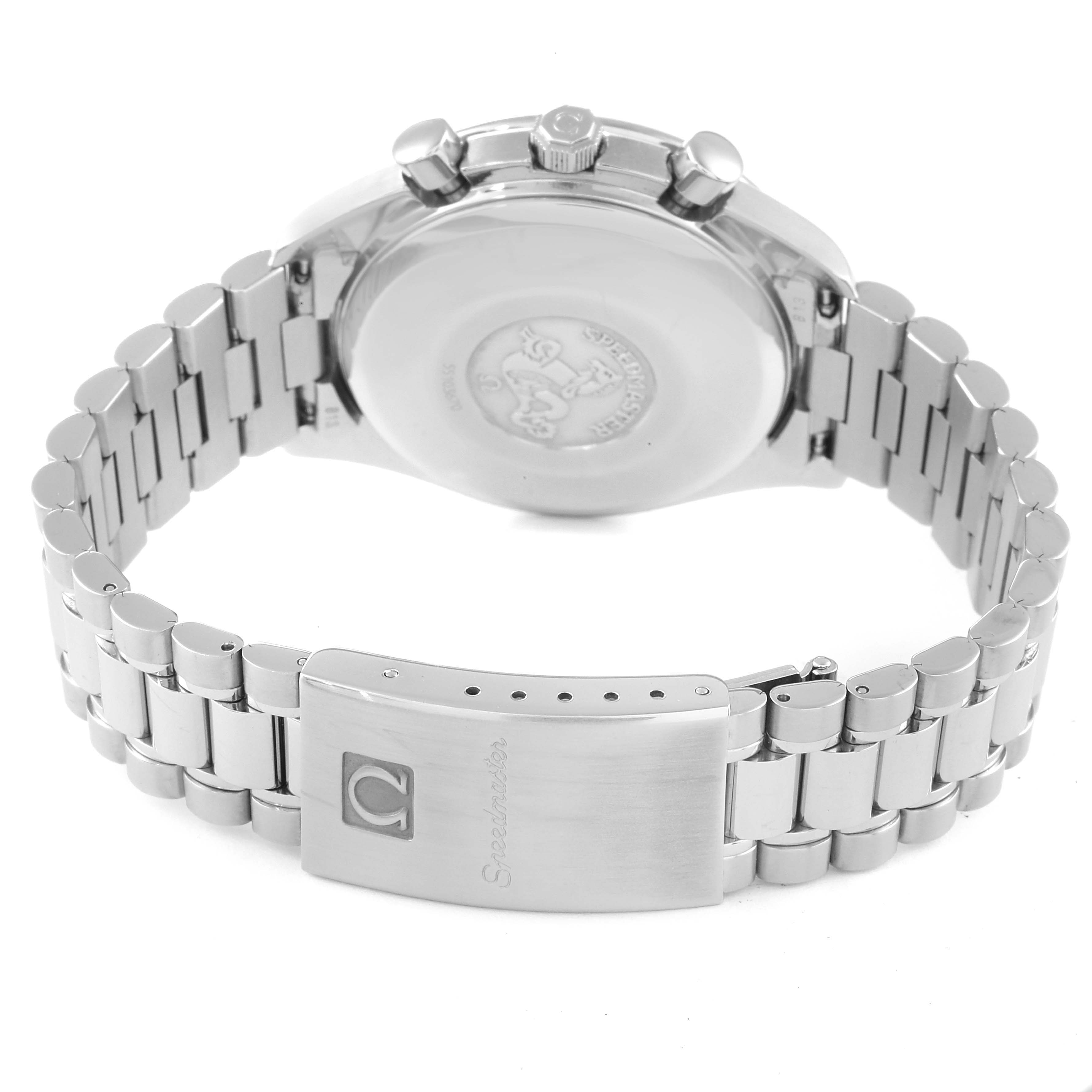 This image shows the back view of an Omega Speedmaster 3511.80.00 Men
s Stainless Steel Blue Dial 3511.80.00 Men
s Stainless Steel Blue Dial watch, focusing on its stainless steel case back and bracelet clasp.