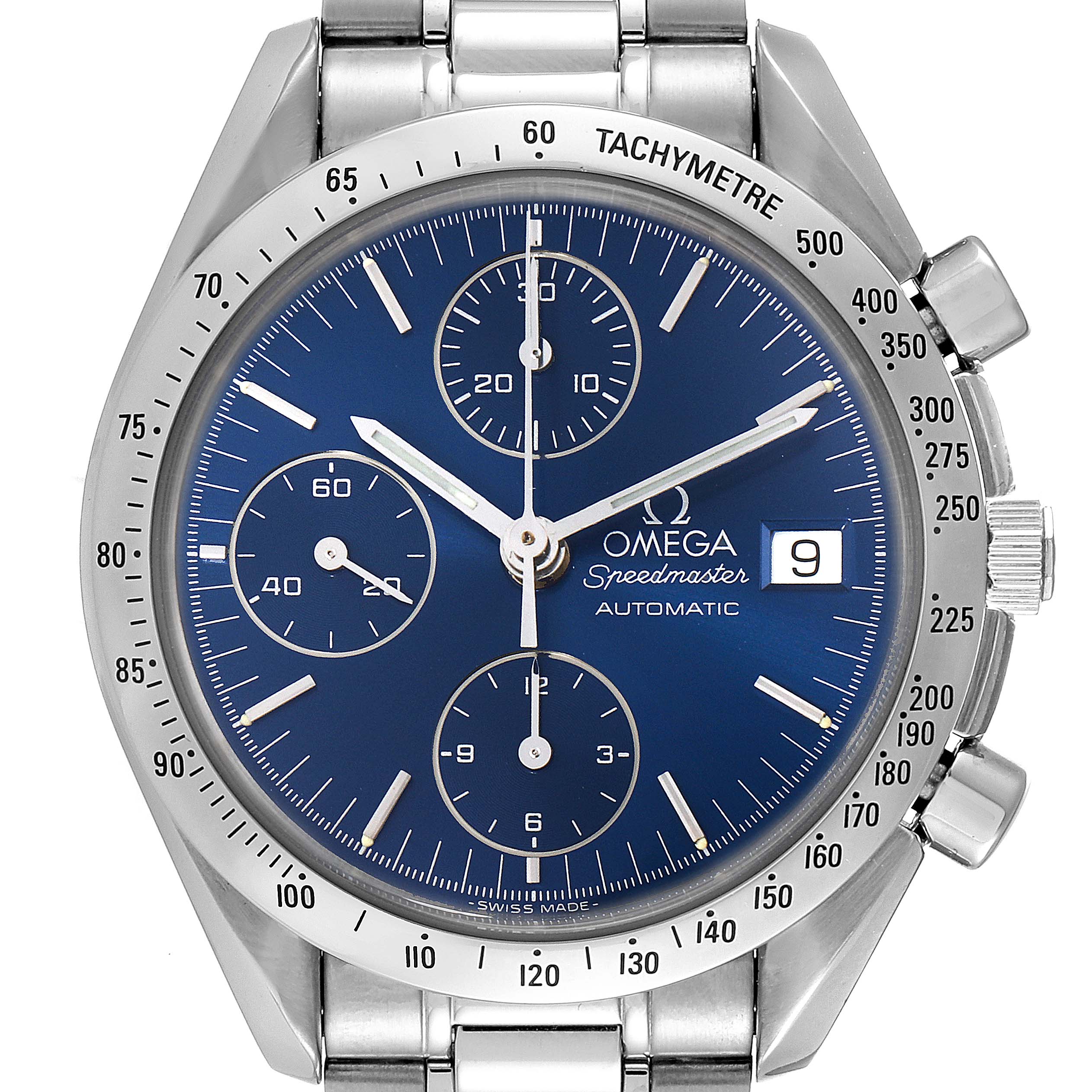 The image shows the front view of an Omega Speedmaster 3511.80.00 Men
s Stainless Steel Blue Dial 3511.80.00 Men
s Stainless Steel Blue Dial watch with a blue dial, tachymeter bezel, and chronograph sub-dials.