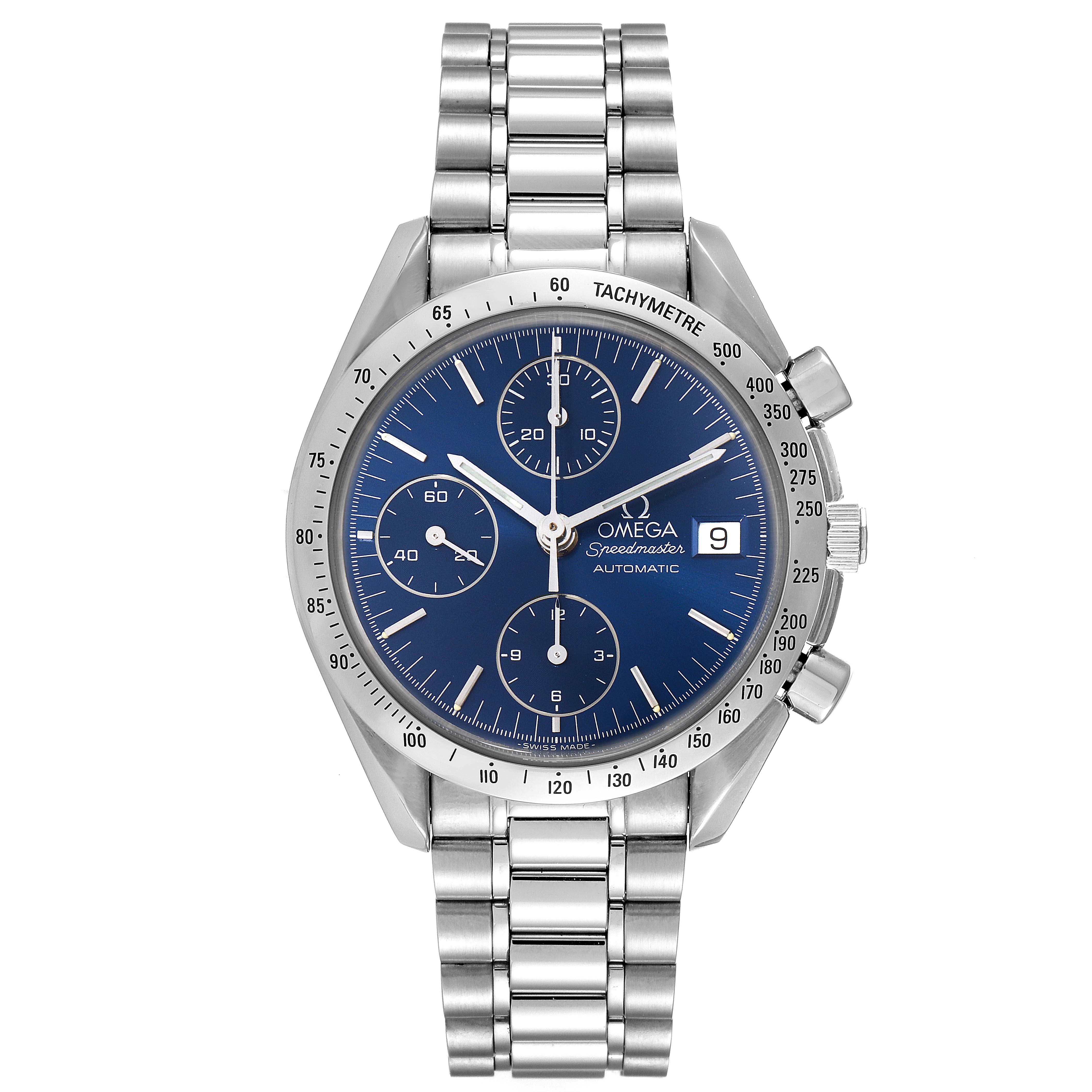 The Omega Speedmaster 3511.80.00 Men
s Stainless Steel Blue Dial 3511.80.00 Men
s Stainless Steel Blue Dial watch is shown from the front, displaying the case, dial, hands, sub-dials, and bracelet.