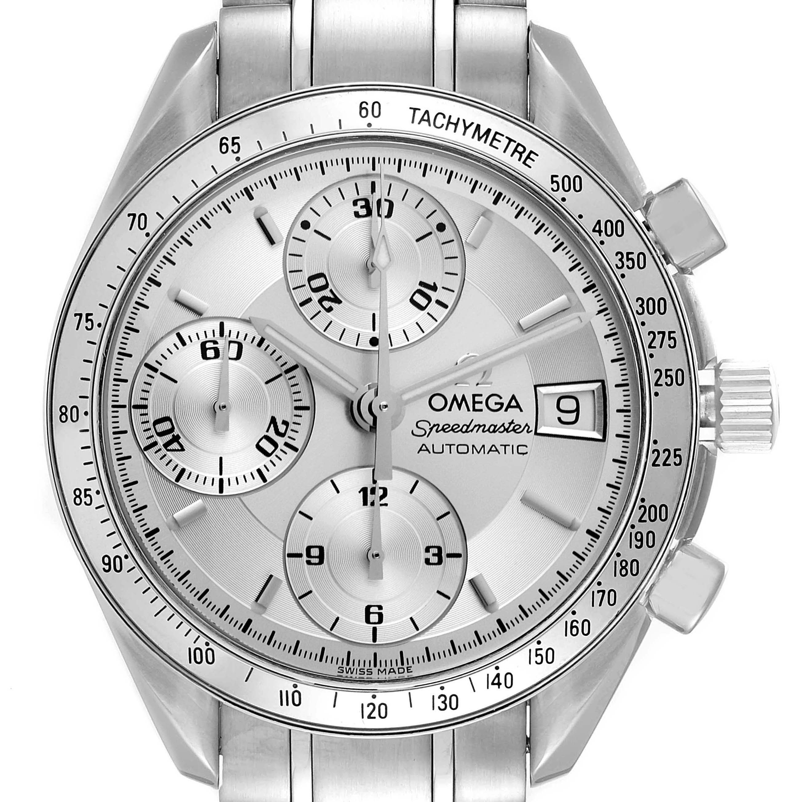 The image shows a front view of an Omega Speedmaster 3513.30.00 Men
s Stainless Steel Silver Dial 3513.30.00 Men
s Stainless Steel Silver Dial watch featuring its dial, subdials, tachymeter bezel, and date display.