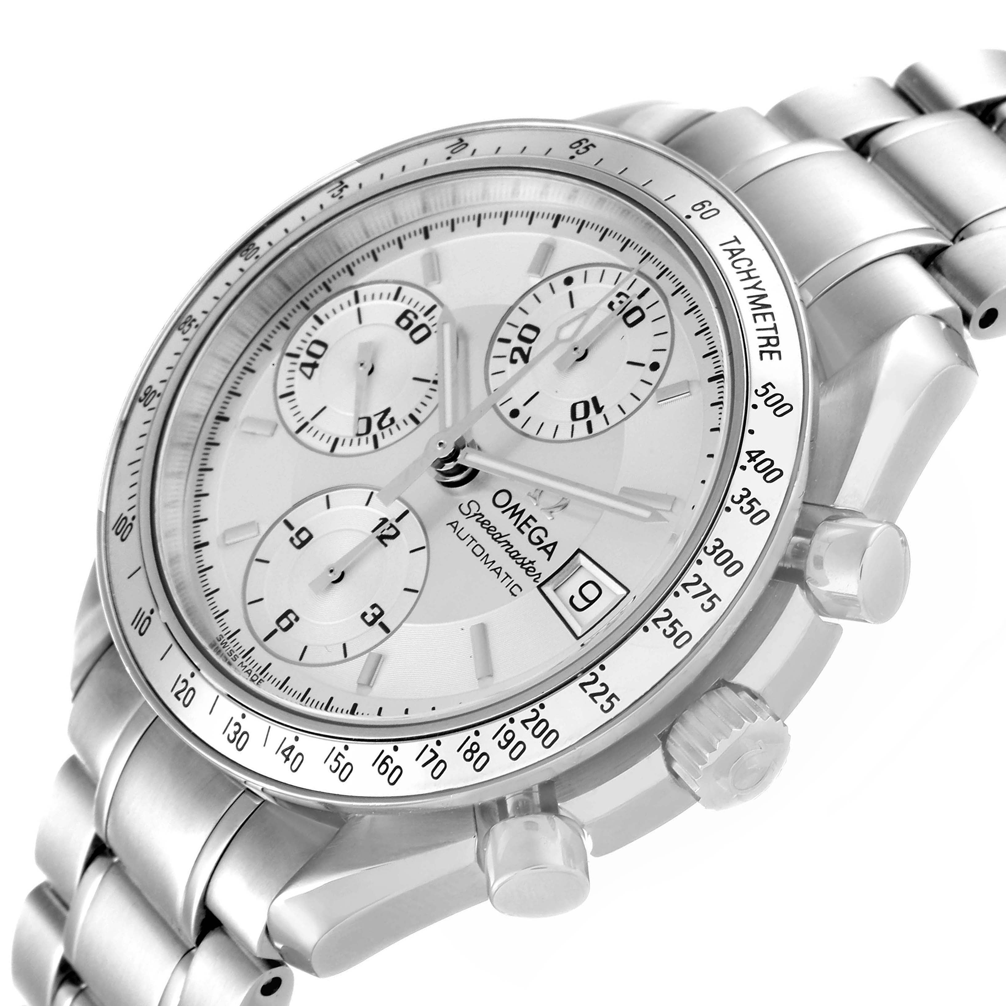 The Omega Speedmaster 3513.30.00 Men
s Stainless Steel Silver Dial 3513.30.00 Men
s Stainless Steel Silver Dial watch is shown at a slight angle, highlighting the face, tachymeter bezel, and chronograph sub-dials.