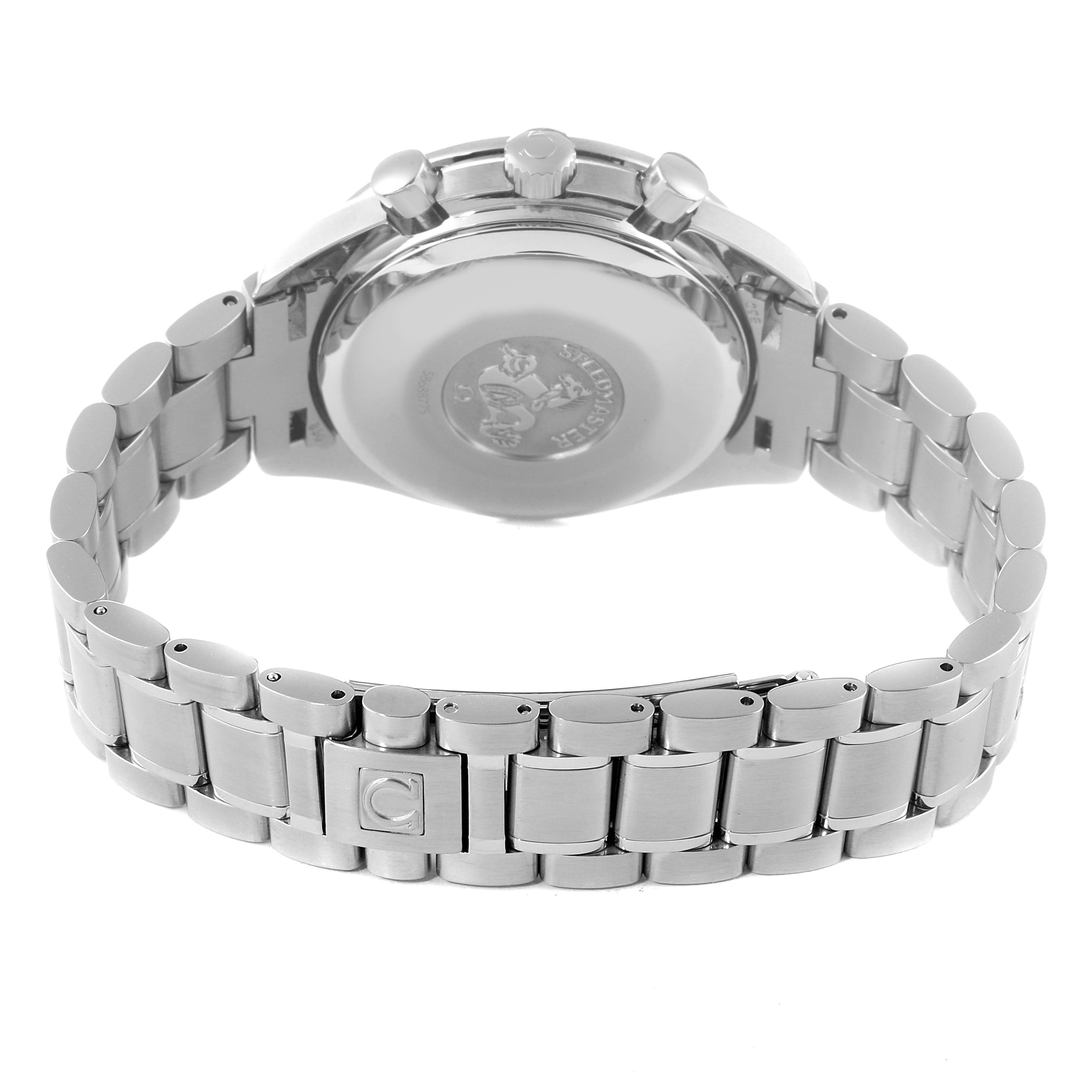 The image shows the back view of the Omega Speedmaster 3513.30.00 Men
s Stainless Steel Silver Dial 3513.30.00 Men
s Stainless Steel Silver Dial watch, highlighting its bracelet and clasp.