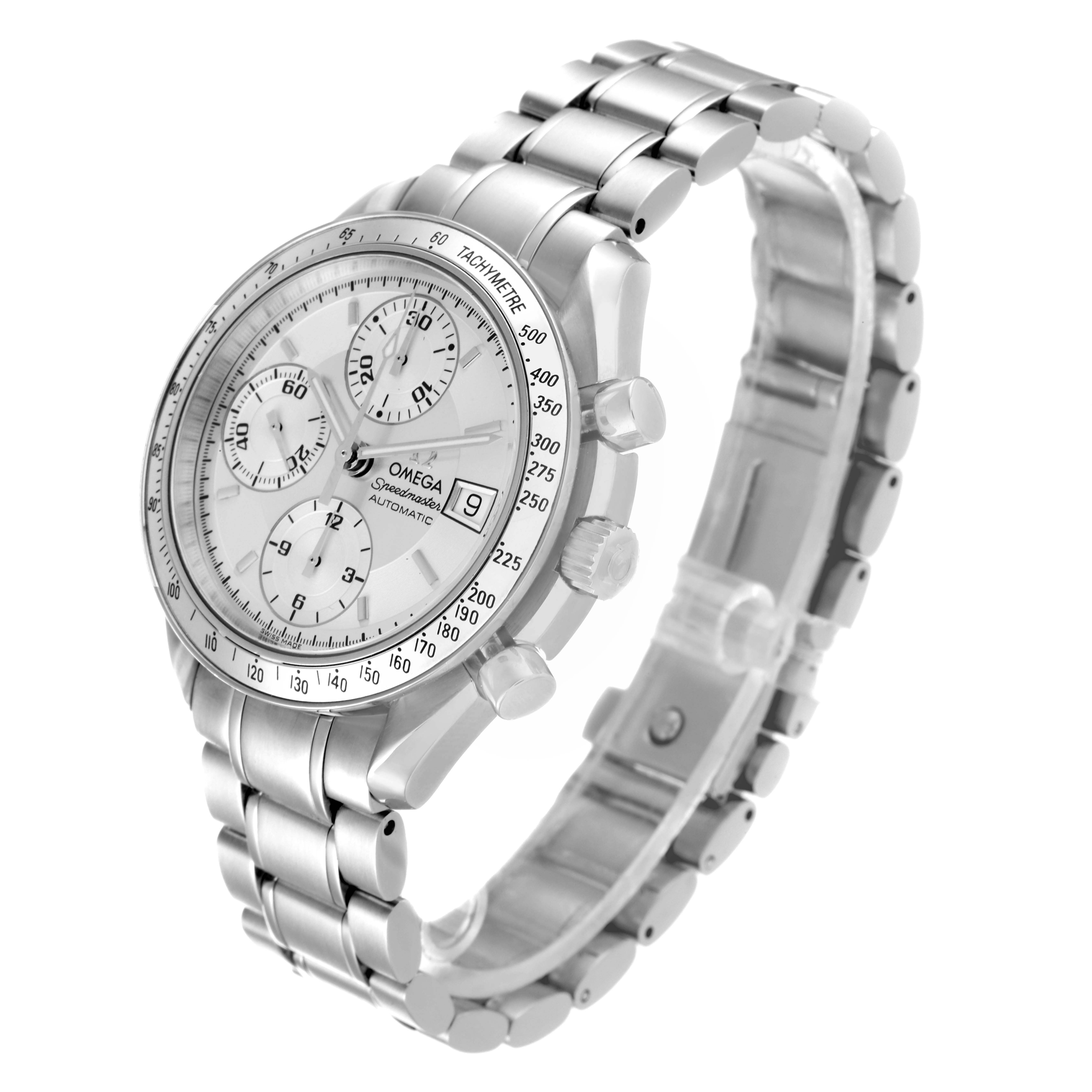 The Omega Speedmaster 3513.30.00 Men
s Stainless Steel Silver Dial 3513.30.00 Men
s Stainless Steel Silver Dial watch is shown at an angle highlighting its face, dials, pushers, crown, and stainless steel bracelet.
