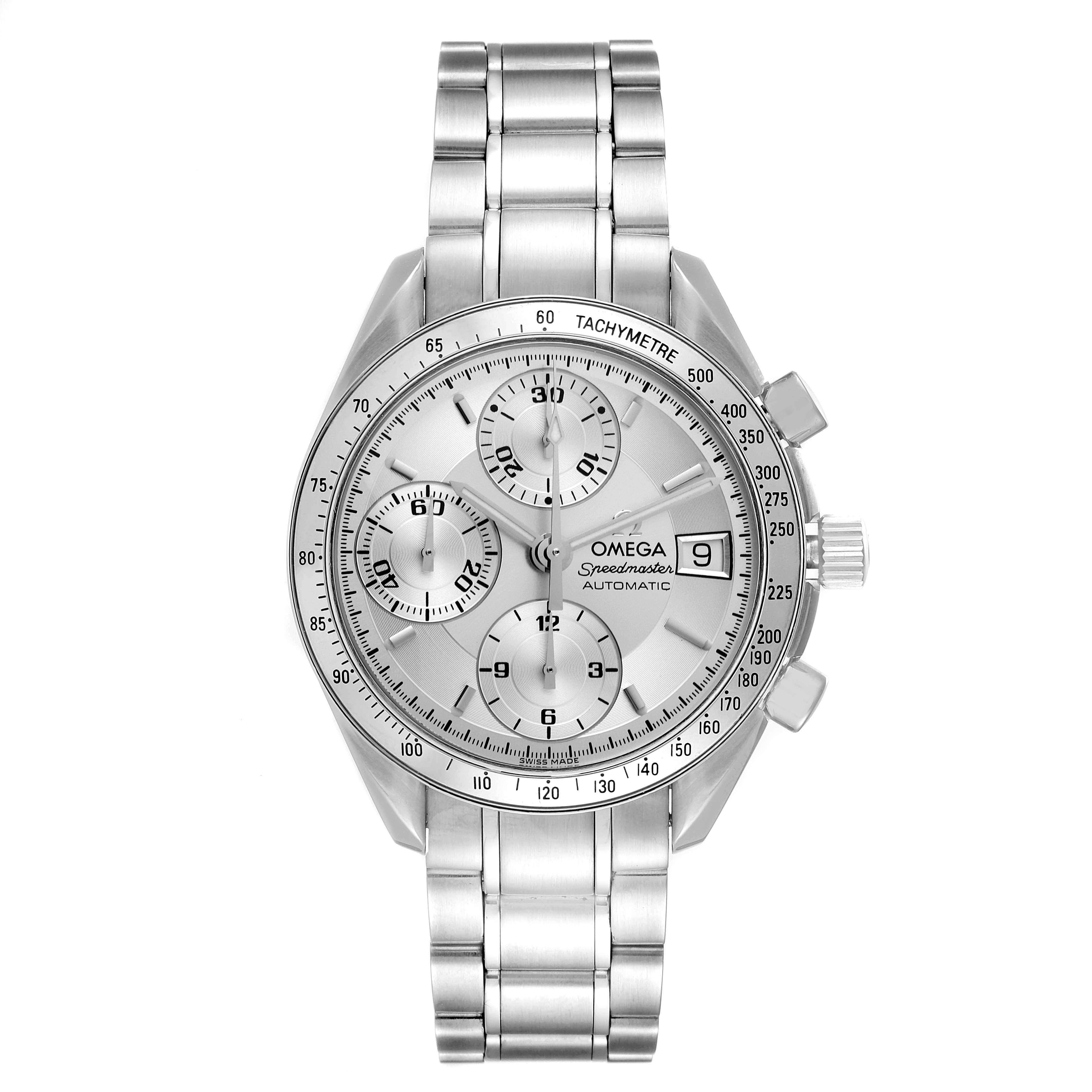 The image shows a front view of an Omega Speedmaster 3513.30.00 Men
s Stainless Steel Silver Dial 3513.30.00 Men
s Stainless Steel Silver Dial watch, highlighting its dial, subdials, tachymeter, and bracelet.