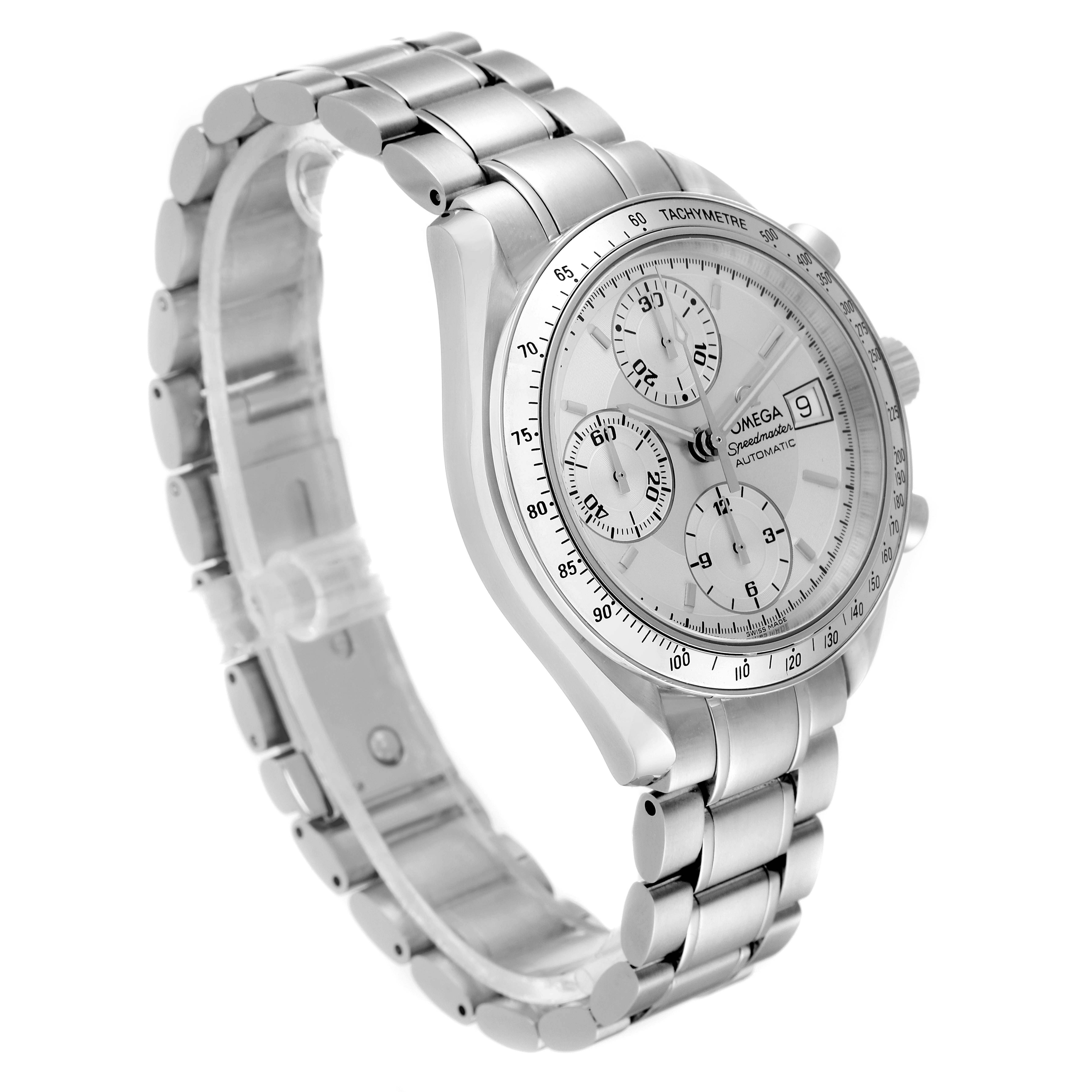 The image shows a close-up side angle of the Omega Speedmaster 3513.30.00 Men
s Stainless Steel Silver Dial 3513.30.00 Men
s Stainless Steel Silver Dial watch, highlighting the face, bezel, subdials, and metal bracelet.
