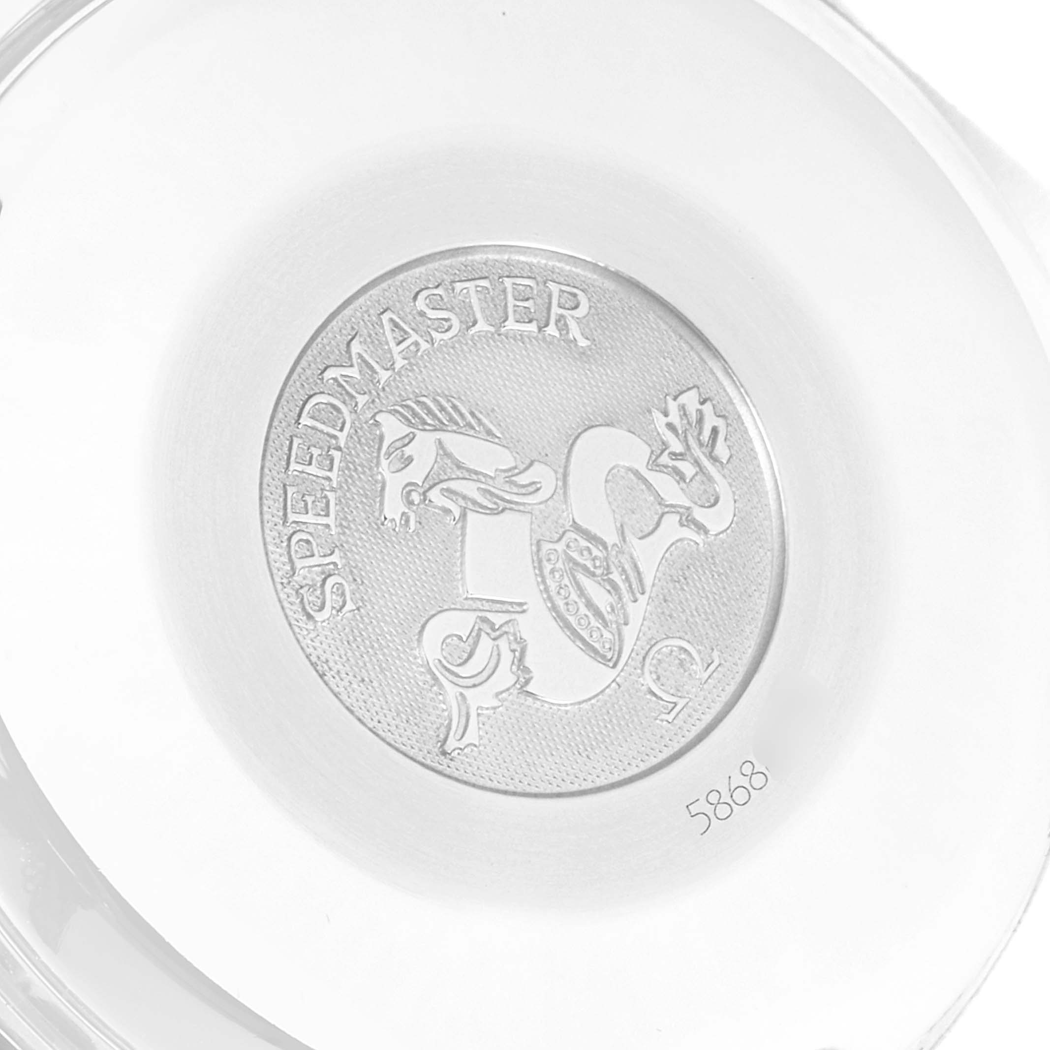 The image shows the back case with the engraved logo and design of an Omega Speedmaster 3513.30.00 Men
s Stainless Steel Silver Dial 3513.30.00 Men
s Stainless Steel Silver Dial watch.