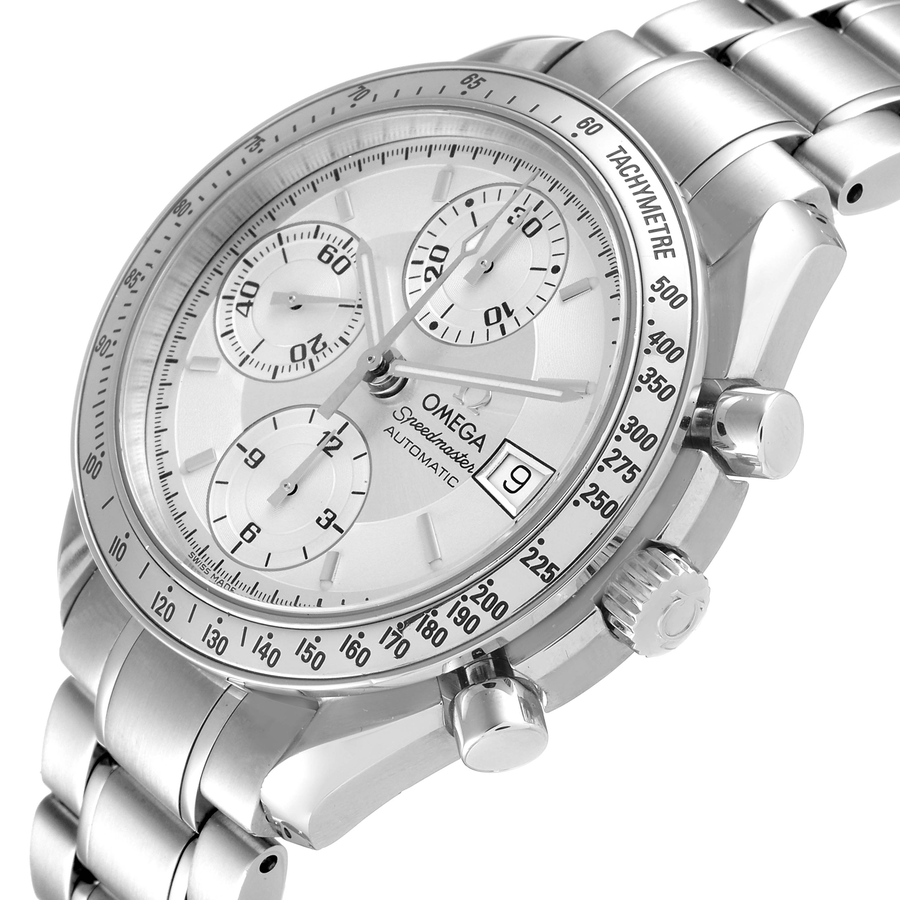 The image shows the Omega Speedmaster 3513.30.00 Men
s Stainless Steel Silver Dial 3513.30.00 Men
s Stainless Steel Silver Dial watch at a slight angle, highlighting the dial, bezel, pushers, and bracelet.