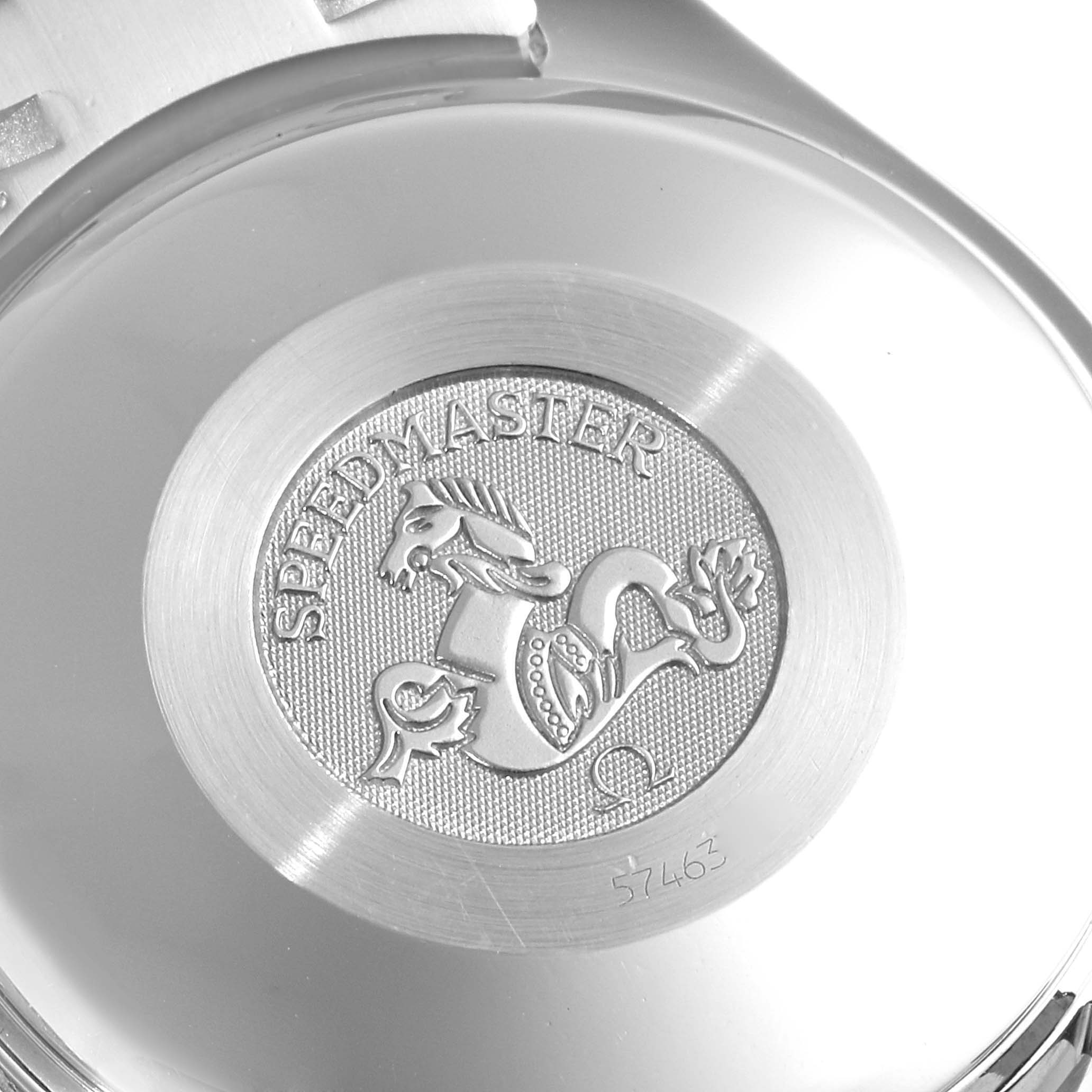 The image shows the case back of an Omega Speedmaster 3513.30.00 Men
s Stainless Steel Silver Dial 3513.30.00 Men
s Stainless Steel Silver Dial watch, featuring the Speedmaster logo and a seahorse engraving.