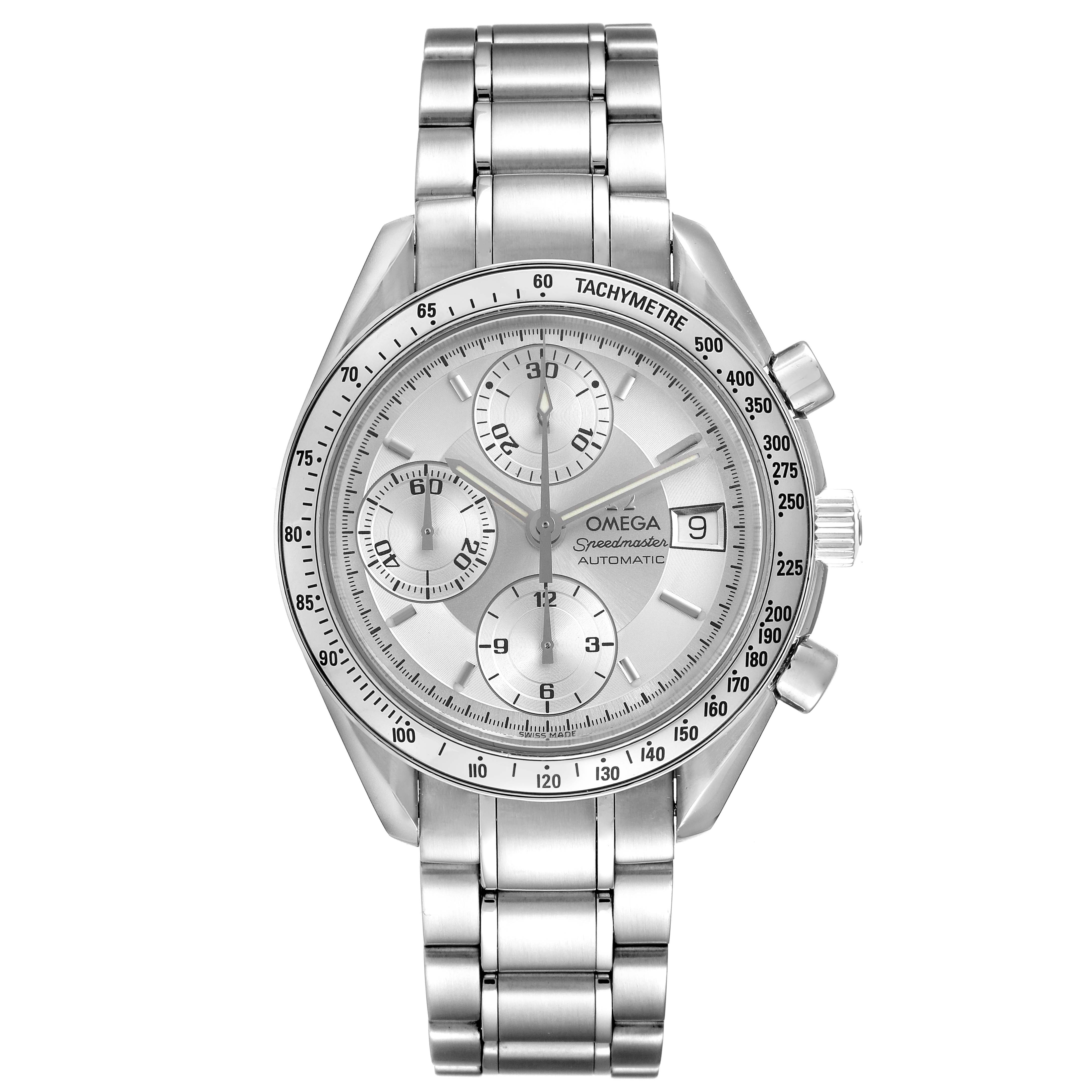 The image shows a front view of the Omega Speedmaster 3513.30.00 Men
s Stainless Steel Silver Dial 3513.30.00 Men
s Stainless Steel Silver Dial watch, displaying its dial, subdials, bezel, and bracelet.