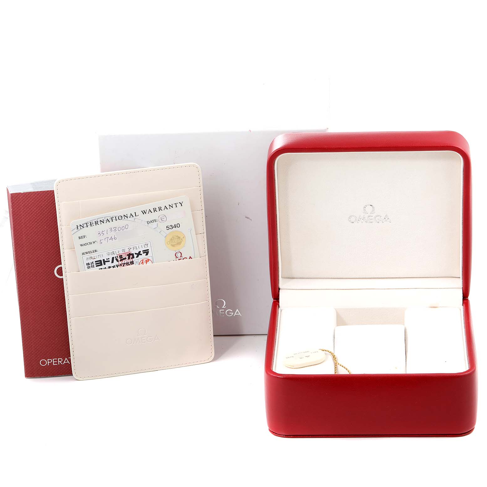 The image shows Omega Speedmaster 3513.30.00 Men
s Stainless Steel Silver Dial 3513.30.00 Men
s Stainless Steel Silver Dial packaging, including the watch box, operation manual, and international warranty card.