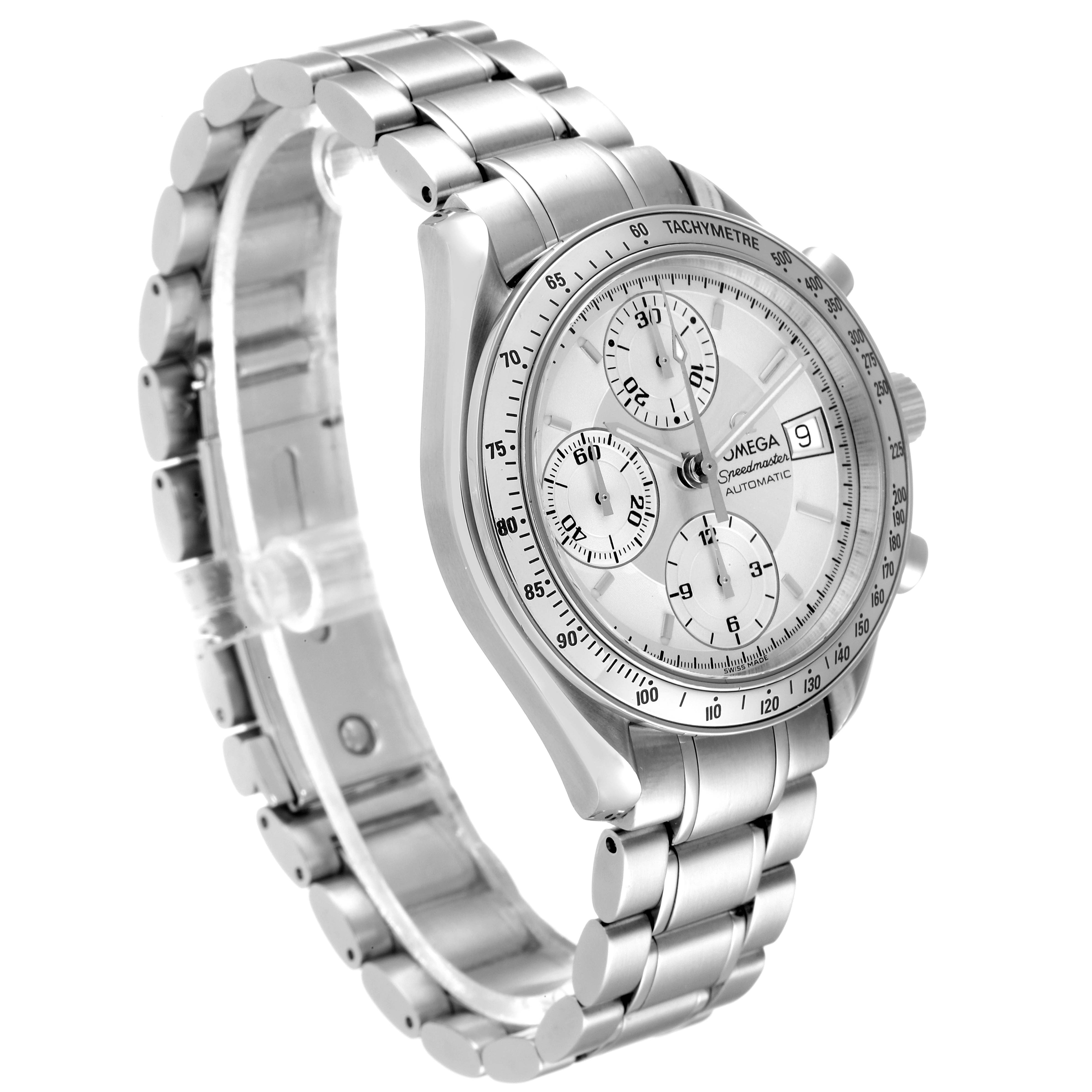 The Omega Speedmaster 3513.30.00 Men
s Stainless Steel Silver Dial 3513.30.00 Men
s Stainless Steel Silver Dial watch is shown at a front-left angle, highlighting its dial, bezel, and metal bracelet.