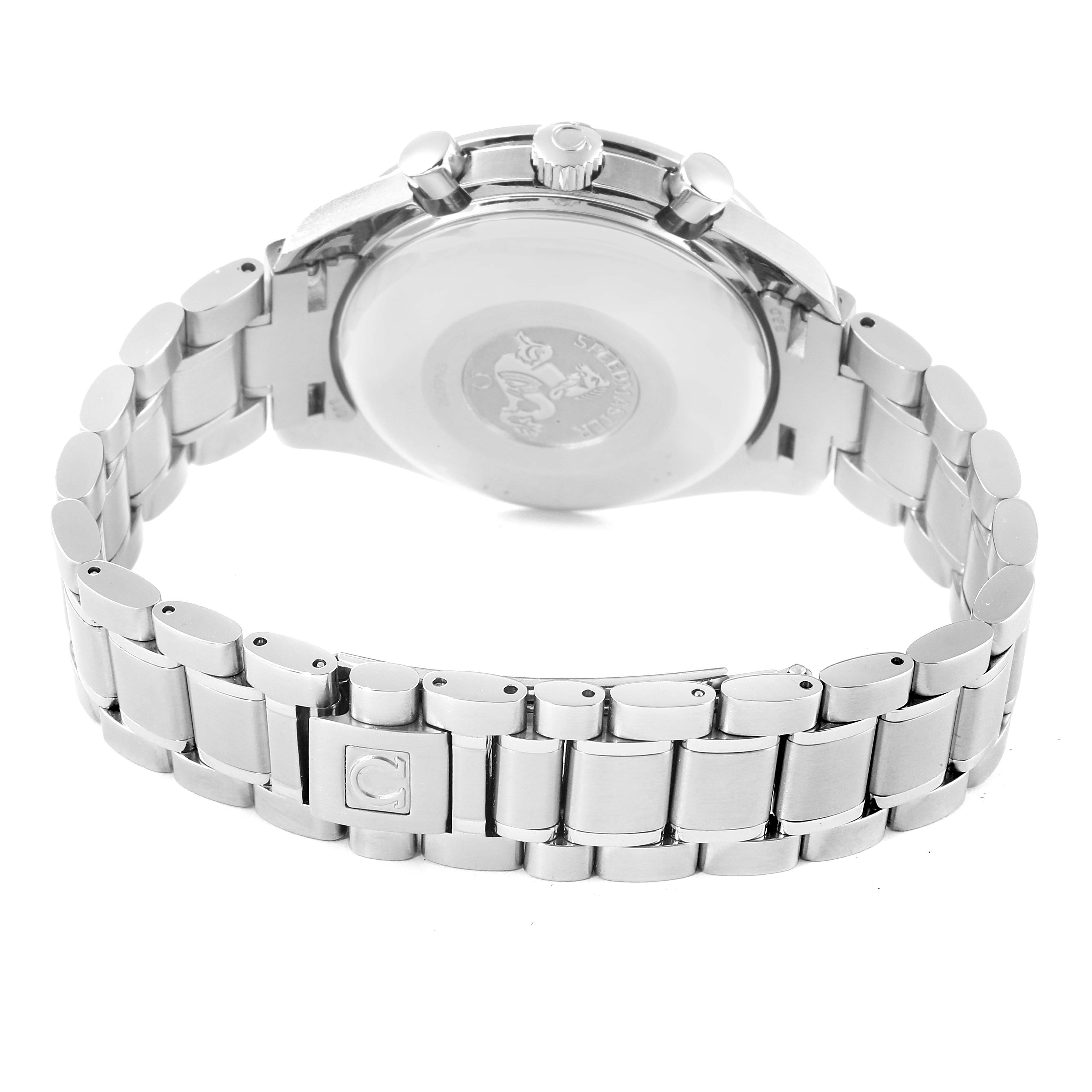 The image shows the back and bracelet of an Omega Speedmaster 3513.30.00 Men
s Stainless Steel Silver Dial 3513.30.00 Men
s Stainless Steel Silver Dial watch, highlighting the clasp and case back.