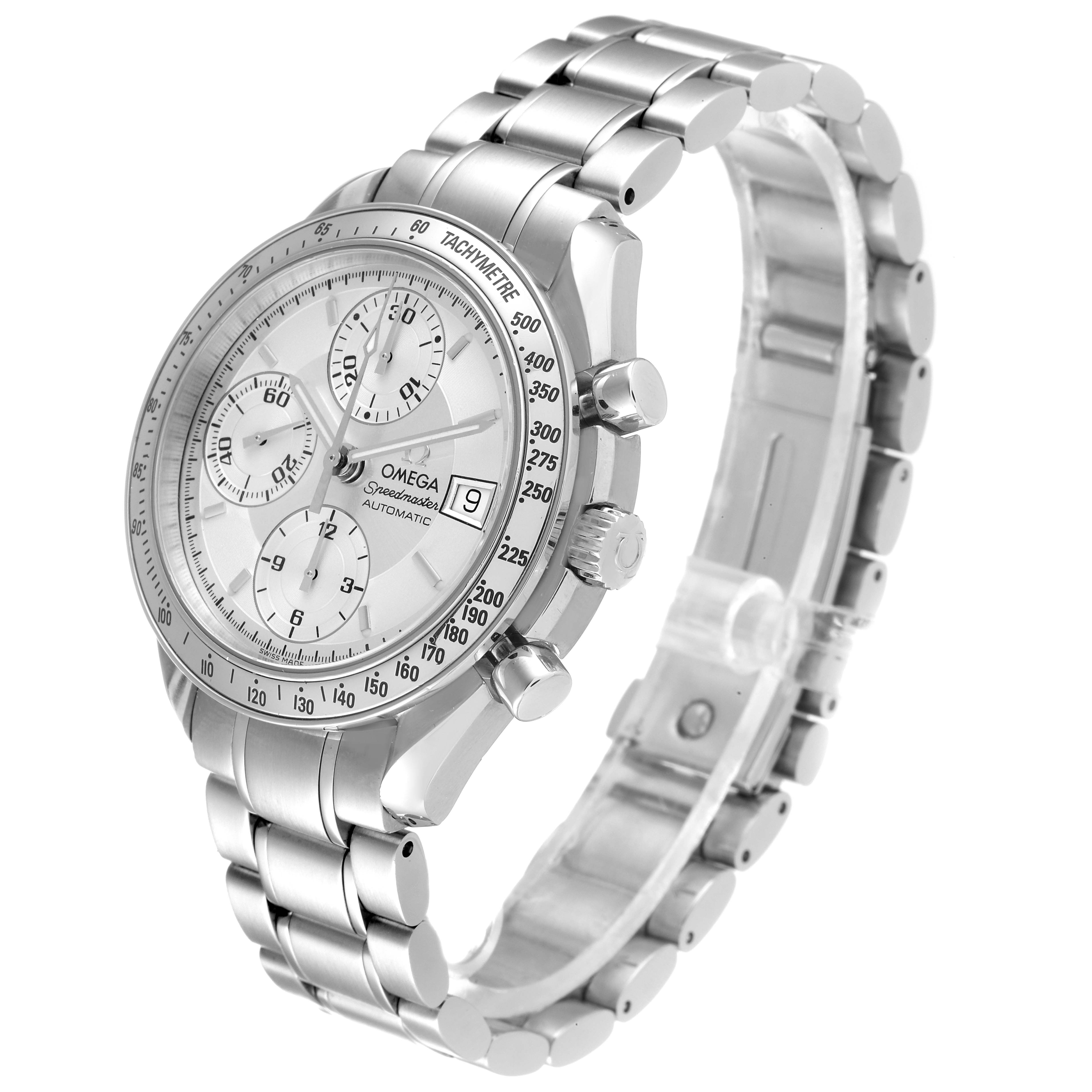 The image shows an Omega Speedmaster 3513.30.00 Men
s Stainless Steel Silver Dial 3513.30.00 Men
s Stainless Steel Silver Dial watch at a slight angle, highlighting the face, bezel, pushers, and bracelet.