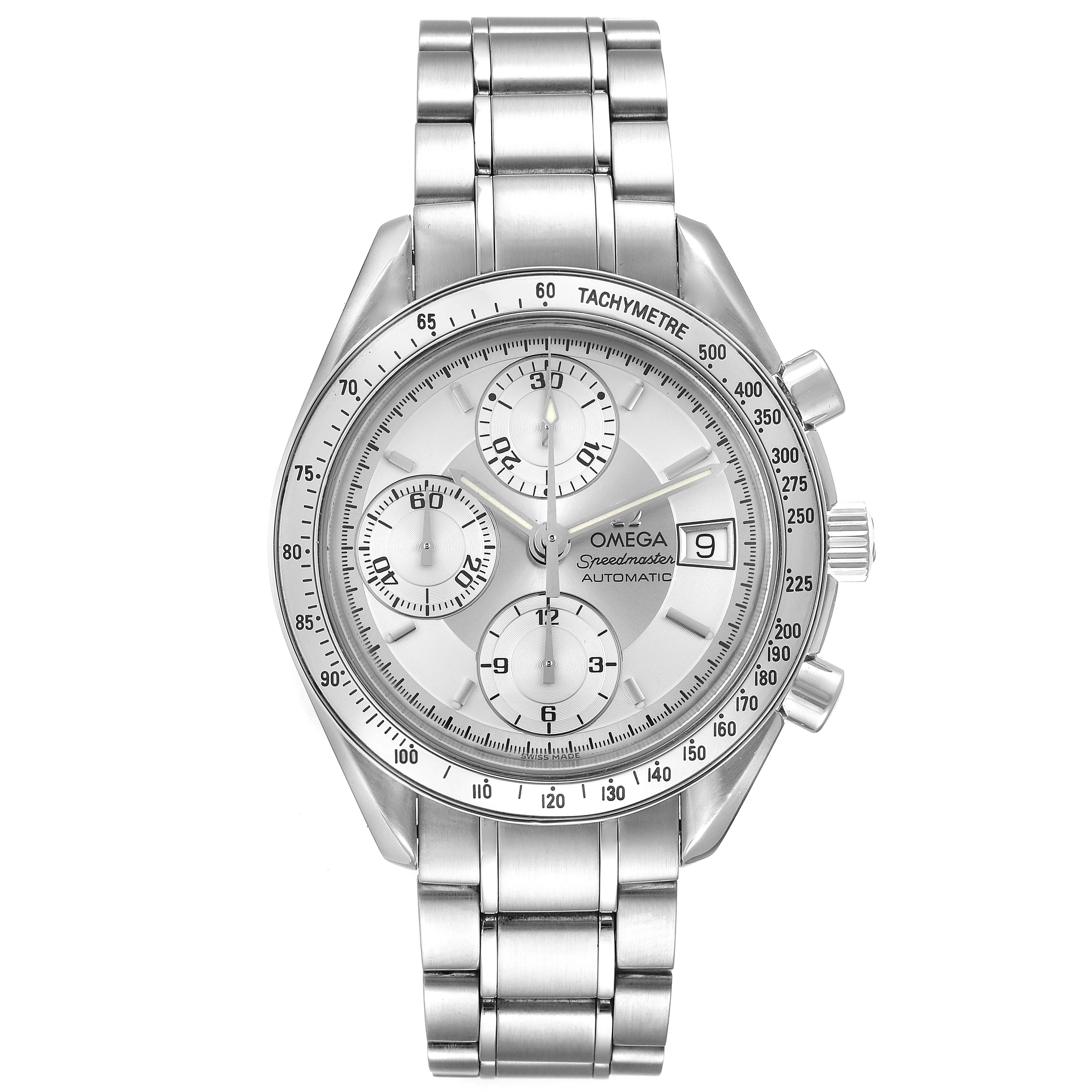 The image shows a front view of the Omega Speedmaster 3513.30.00 Men
s Stainless Steel Silver Dial 3513.30.00 Men
s Stainless Steel Silver Dial watch, highlighting the dial, bezel, and bracelet.