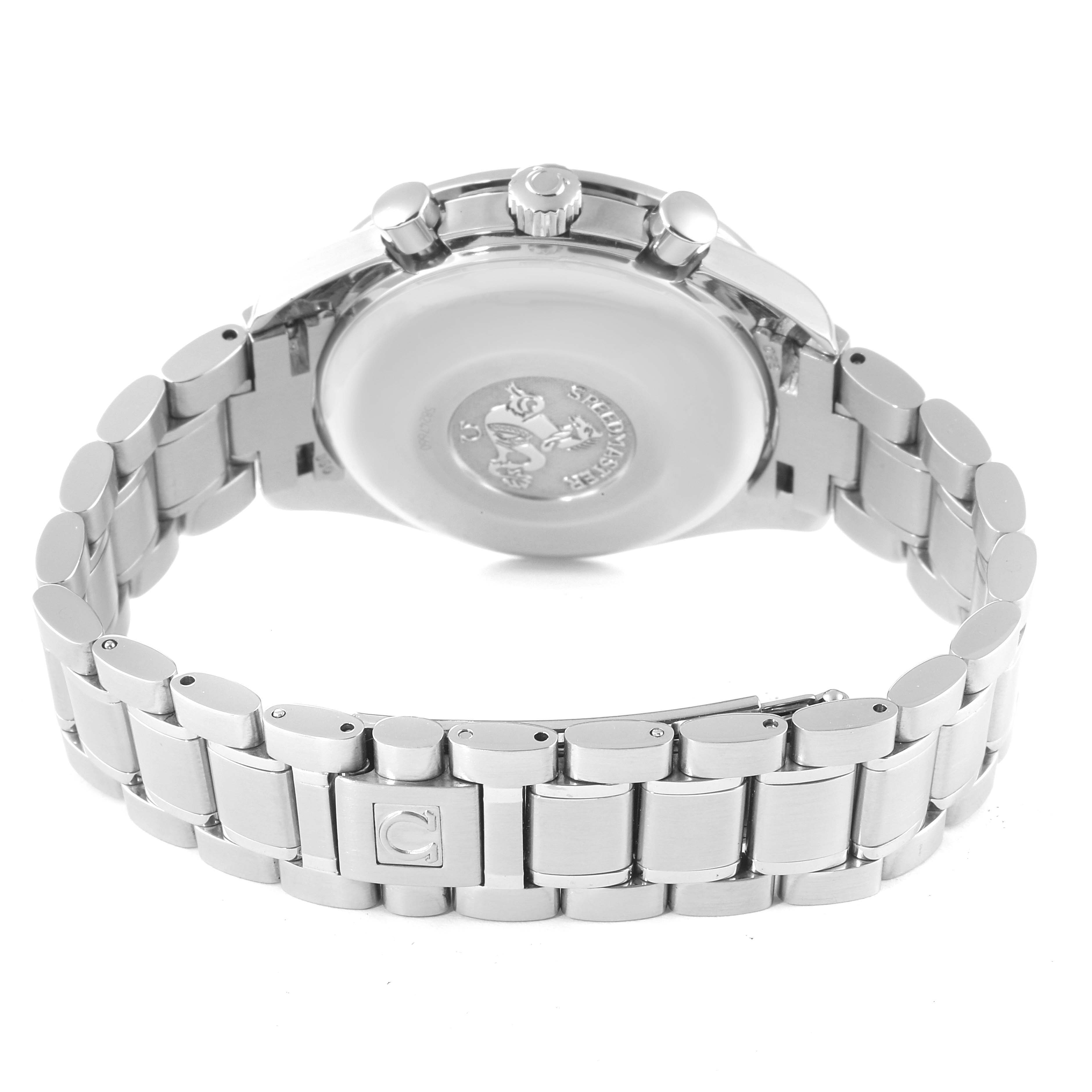 This image shows the back case and stainless steel bracelet of an Omega Speedmaster 3513.30.00 Men
s Stainless Steel Silver Dial 3513.30.00 Men
s Stainless Steel Silver Dial watch from a slightly elevated rear angle.