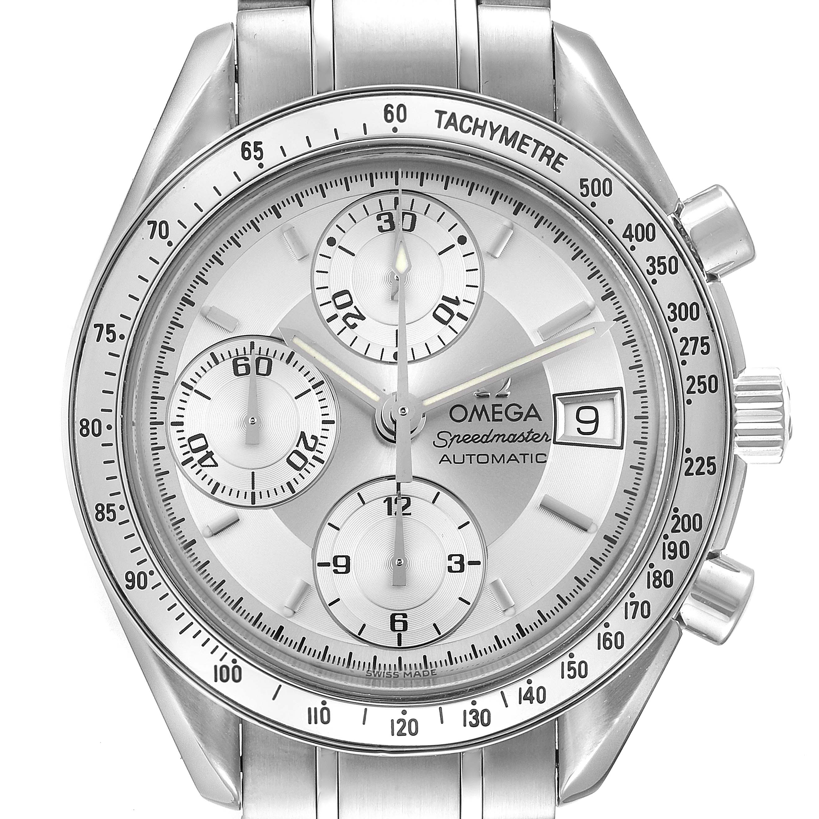 The image shows a front view of an Omega Speedmaster 3513.30.00 Men
s Stainless Steel Silver Dial 3513.30.00 Men
s Stainless Steel Silver Dial watch, highlighting its dial, tachymeter bezel, and chronograph sub-dials.