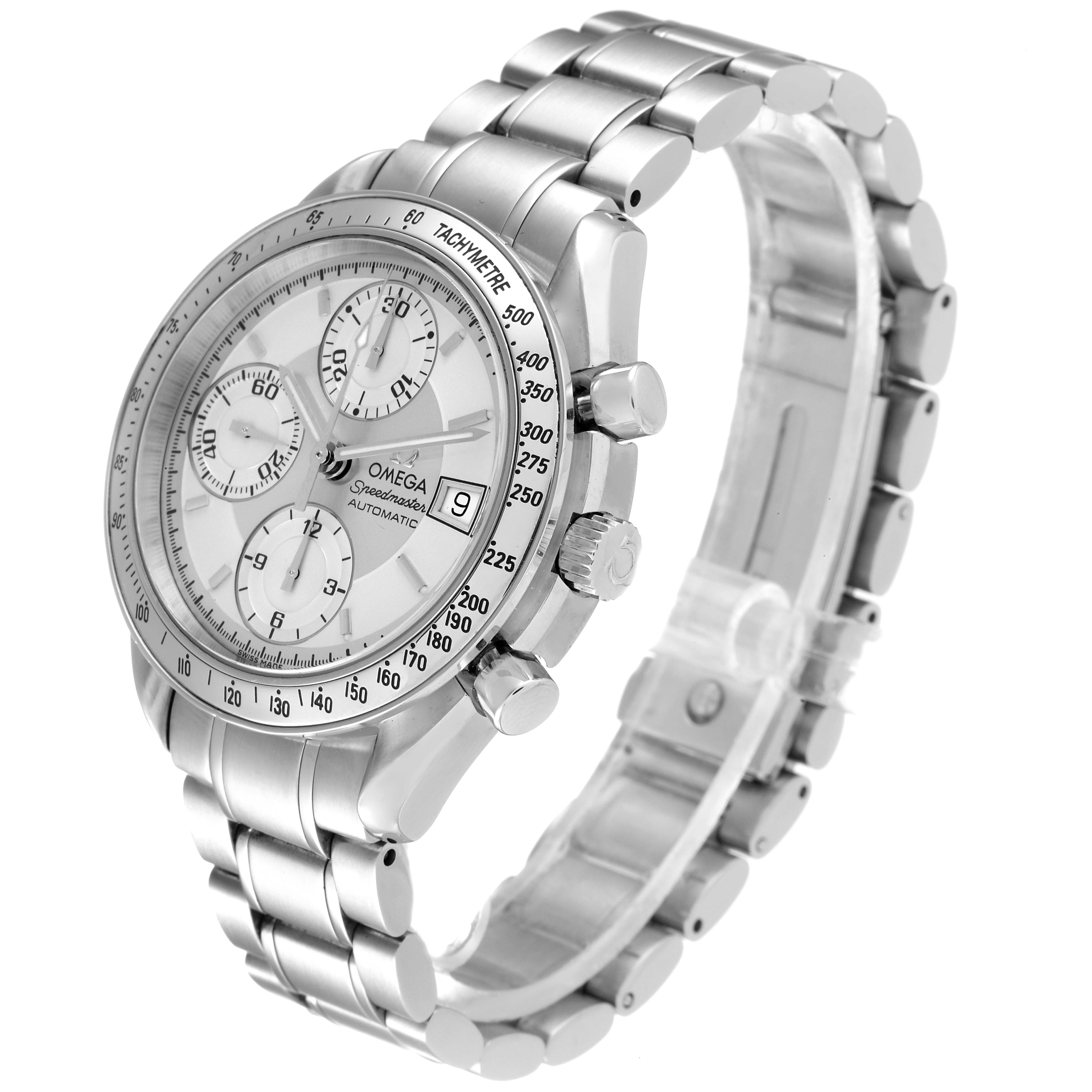 The Omega Speedmaster 3513.30.00 Men
s Stainless Steel Silver Dial 3513.30.00 Men
s Stainless Steel Silver Dial watch is shown at a three-quarter angle, displaying the face, bezel, and bracelet.