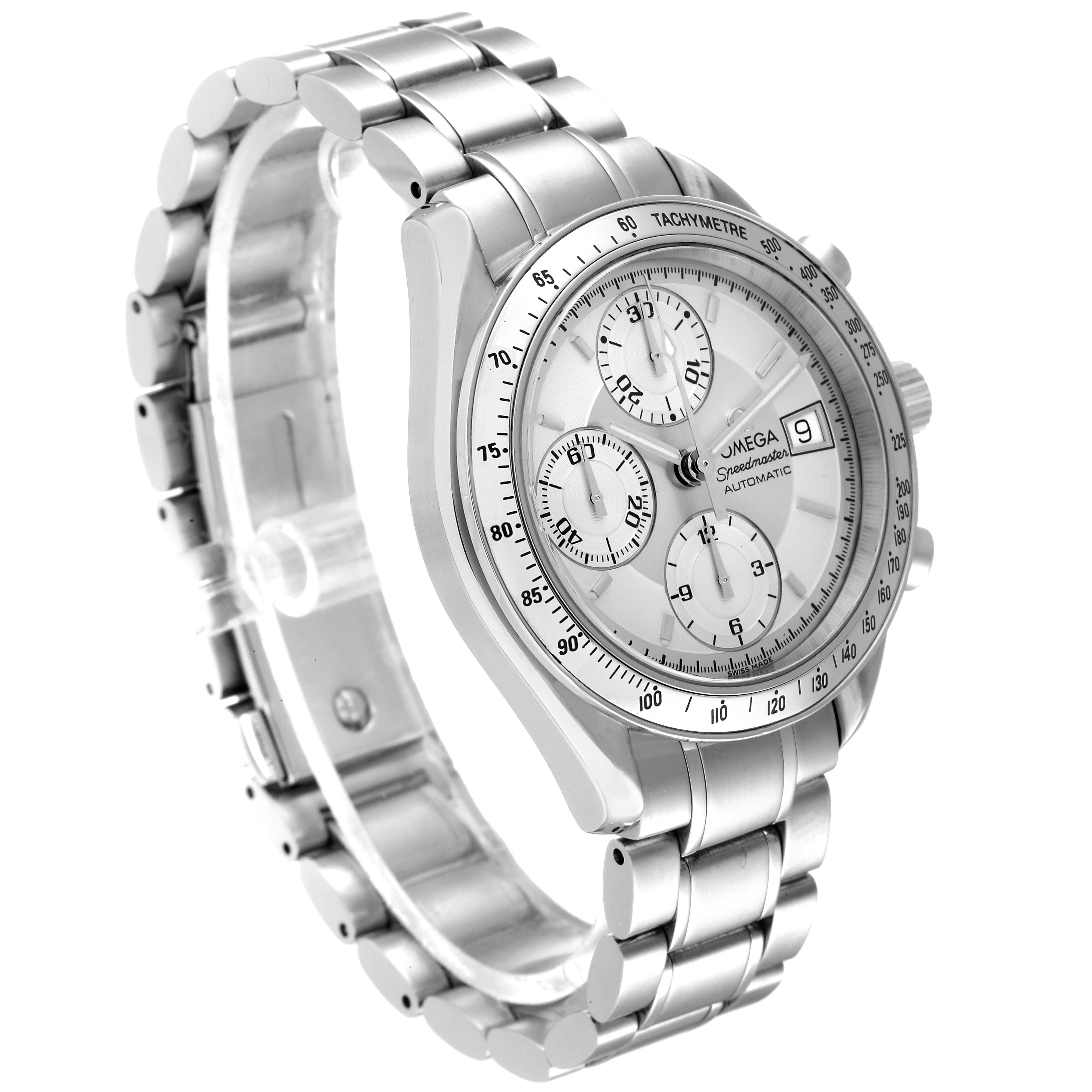 The Omega Speedmaster 3513.30.00 Men
s Stainless Steel Silver Dial 3513.30.00 Men
s Stainless Steel Silver Dial watch is shown at an angle highlighting its face, tachymeter scale, and metal bracelet.