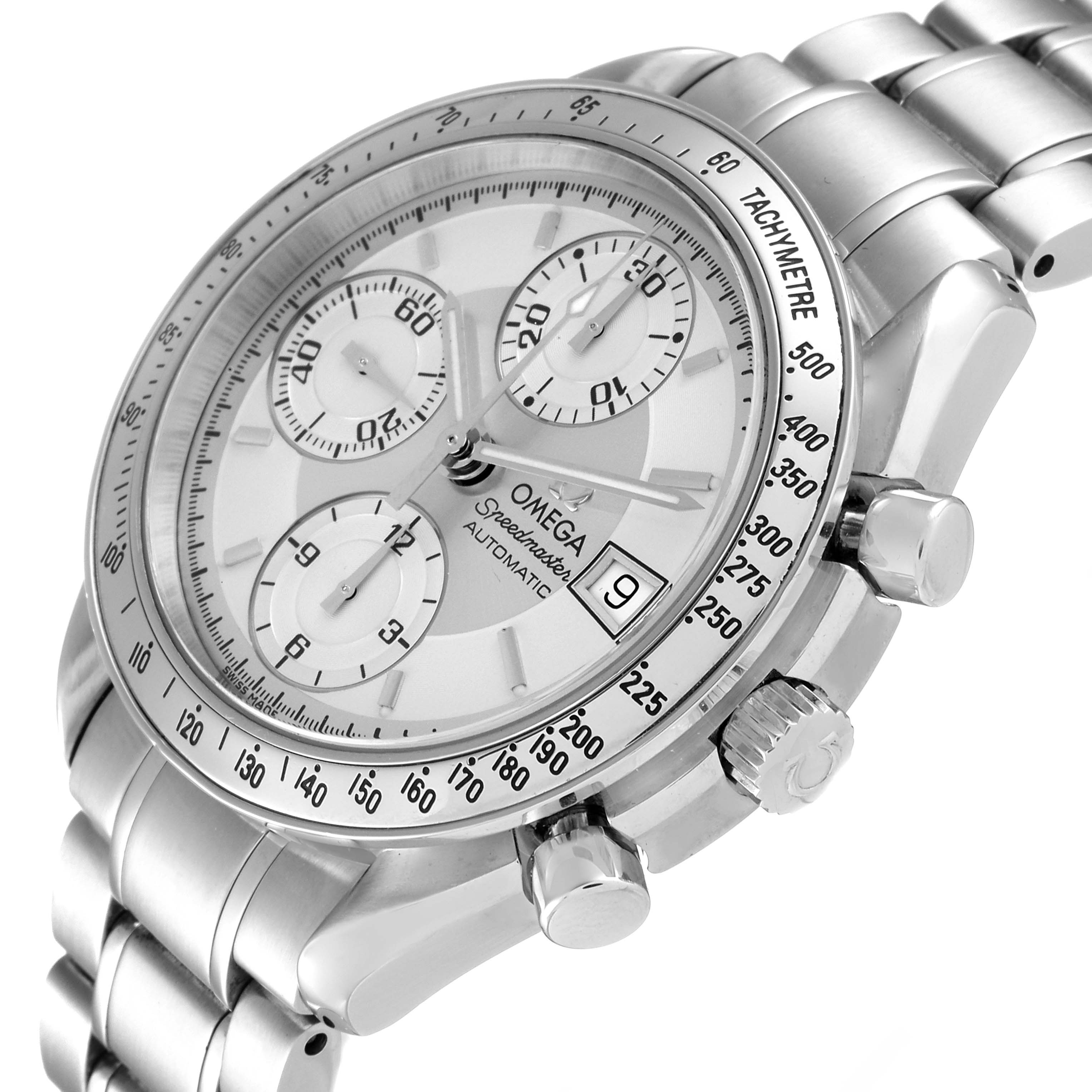 The image shows an angled view of an Omega Speedmaster 3513.30.00 Men
s Stainless Steel Silver Dial 3513.30.00 Men
s Stainless Steel Silver Dial, highlighting its dial, chronograph sub-dials, crown, and bracelet.