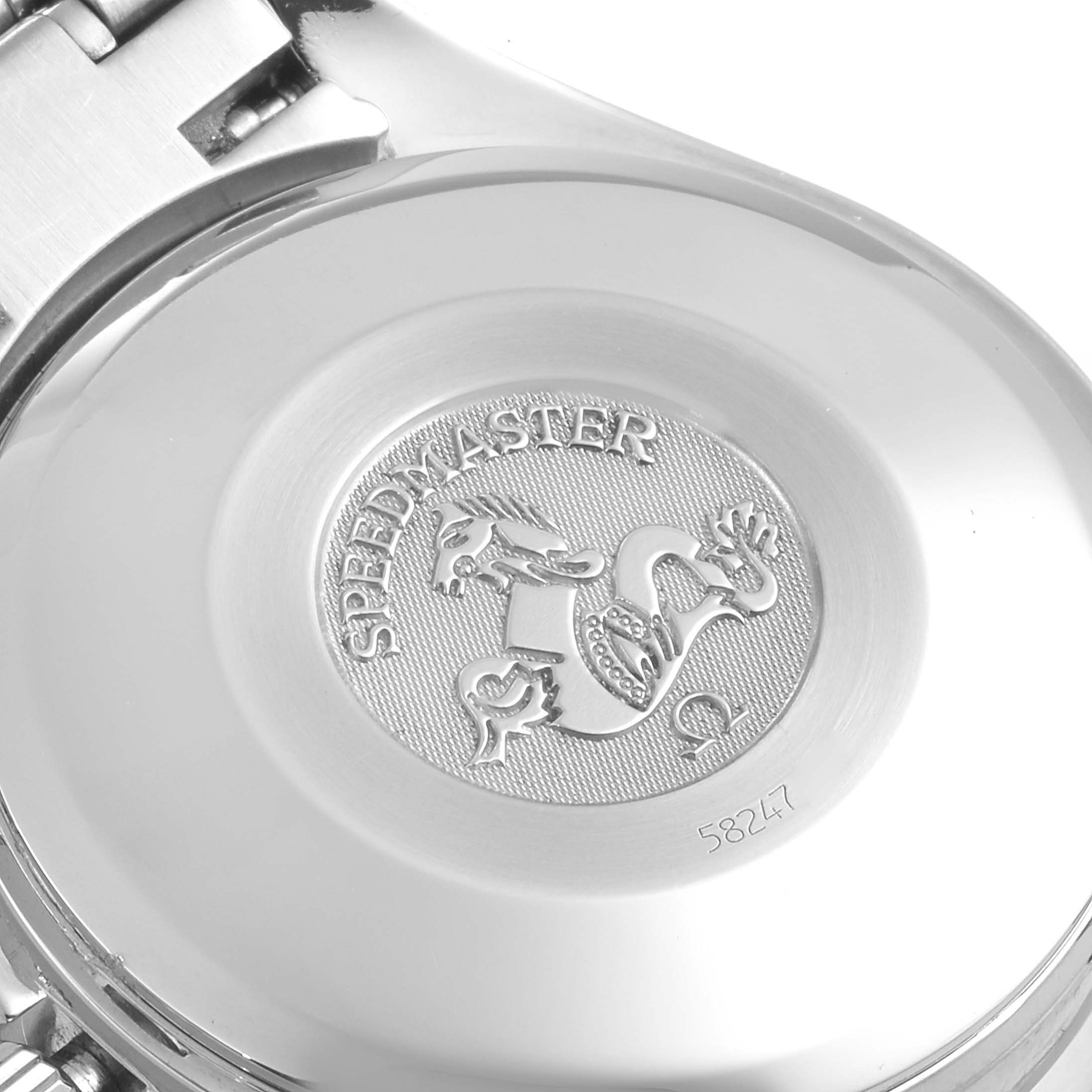 The image shows the case back of an Omega Speedmaster 3513.30.00 Men
s Stainless Steel Silver Dial 3513.30.00 Men
s Stainless Steel Silver Dial watch, highlighting the embossed emblem and the model name.