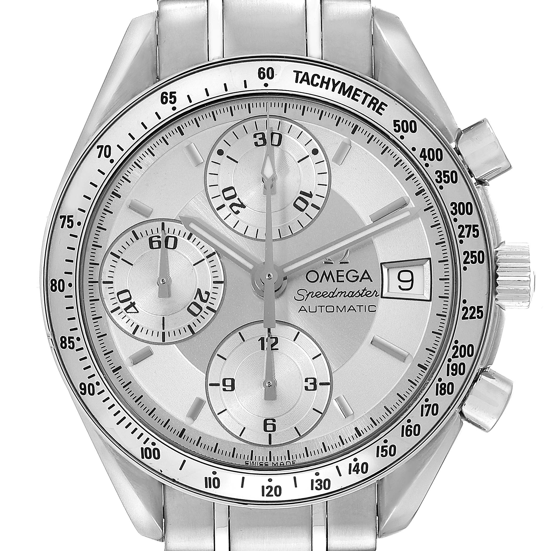 The image shows a front view of an Omega Speedmaster 3513.30.00 Men
s Stainless Steel Silver Dial 3513.30.00 Men
s Stainless Steel Silver Dial watch, highlighting the dial, subdials, date window, and tachymetre bezel.