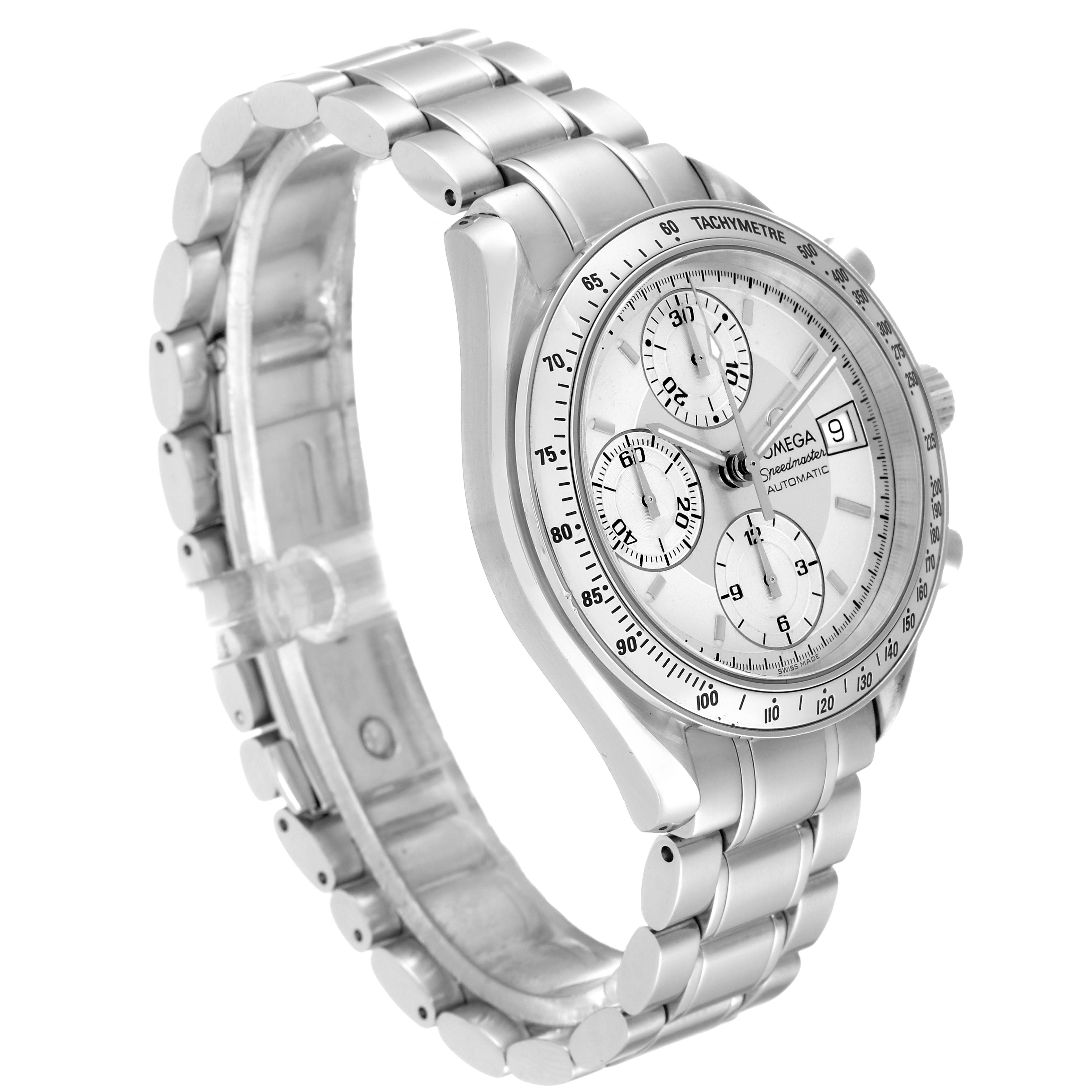 The image shows a side and angled view of the Omega Speedmaster 3513.30.00 Men
s Stainless Steel Silver Dial 3513.30.00 Men
s Stainless Steel Silver Dial watch, highlighting its dial, bezel, and metal bracelet.
