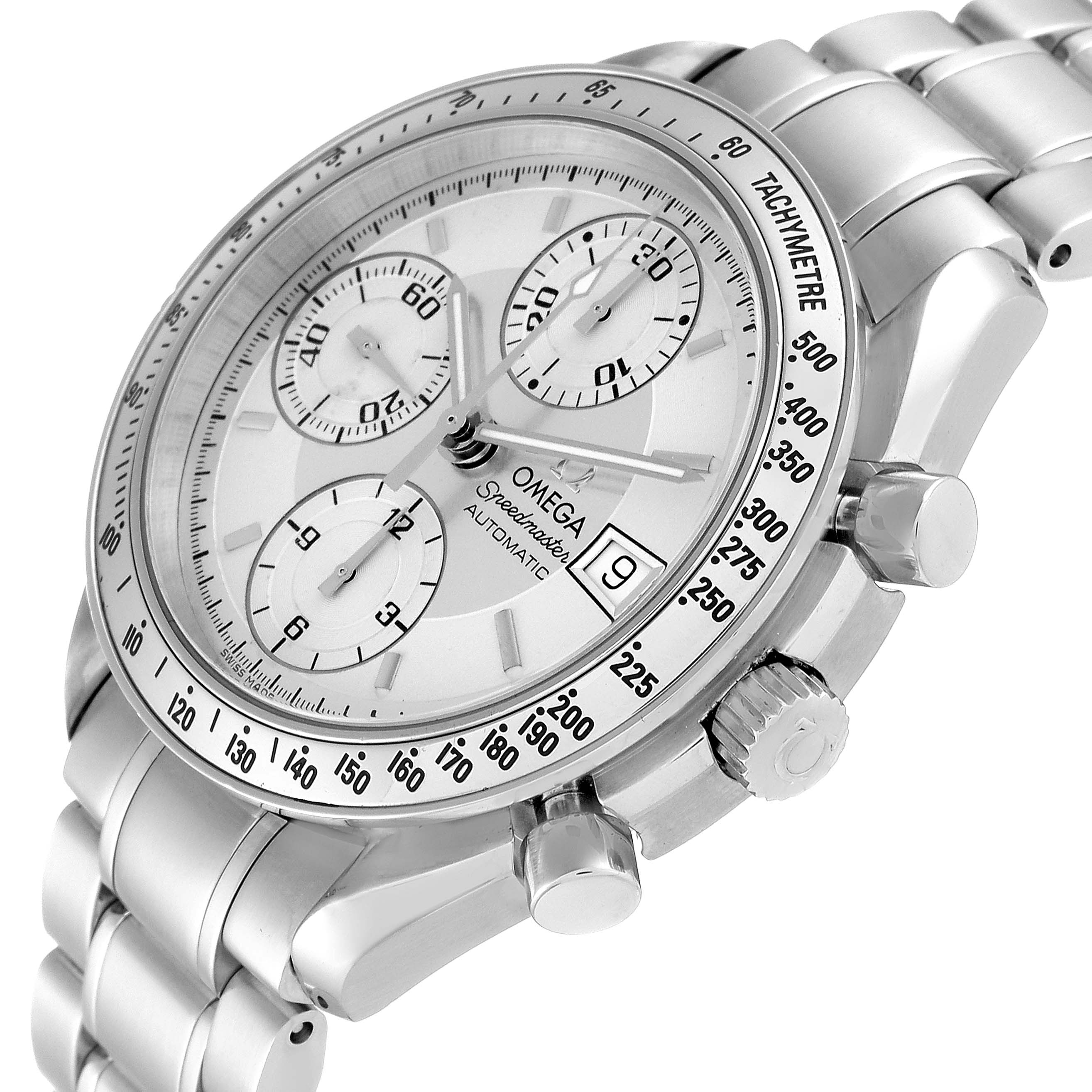The image shows an Omega Speedmaster 3513.30.00 Men
s Stainless Steel Silver Dial 3513.30.00 Men
s Stainless Steel Silver Dial watch at an angle displaying the dial, bezel, pushers, crown, and part of the bracelet.