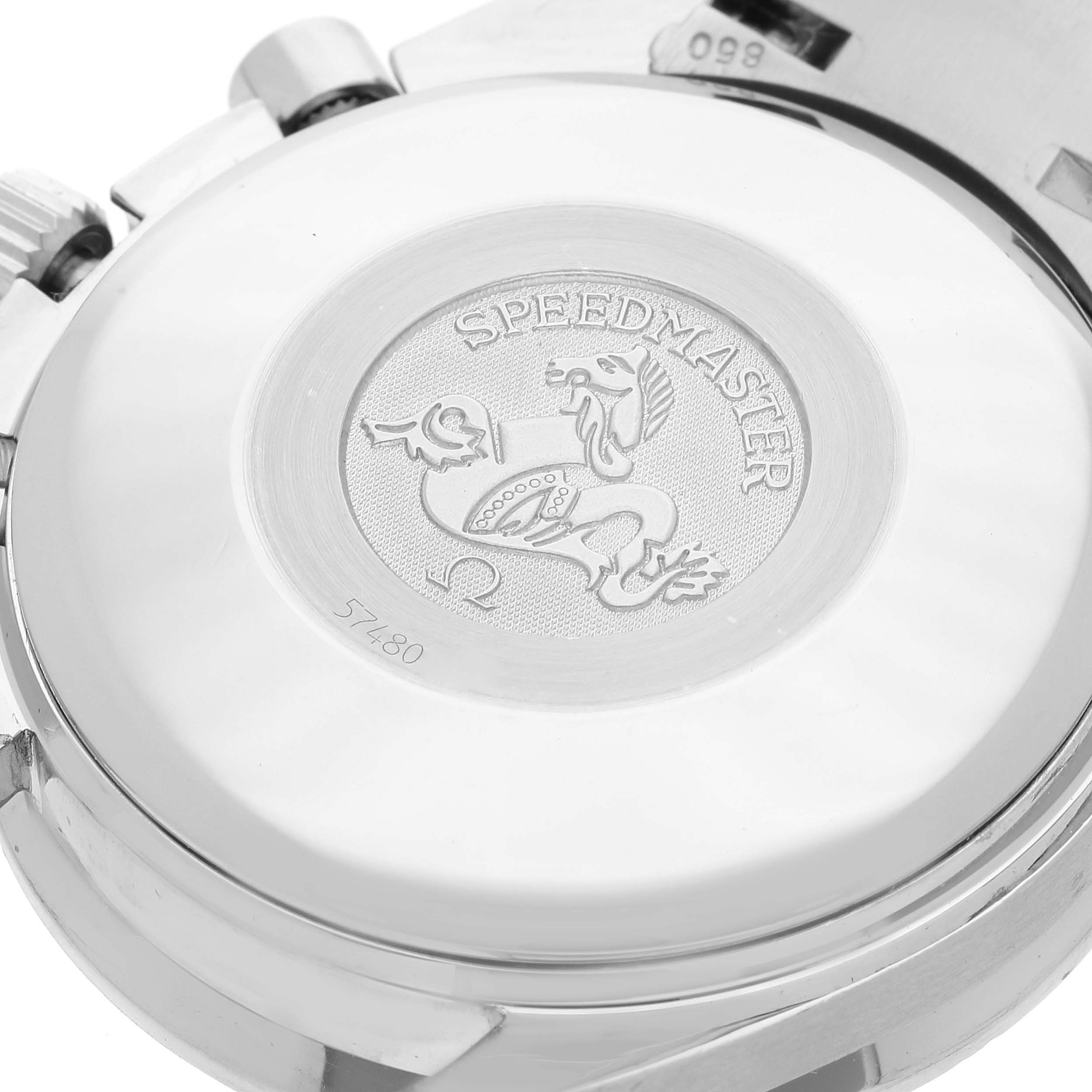 The image shows the case back of an Omega Speedmaster 3513.30.00 Men
s Stainless Steel Silver Dial 3513.30.00 Men
s Stainless Steel Silver Dial watch, featuring the model
s emblem and serial number.