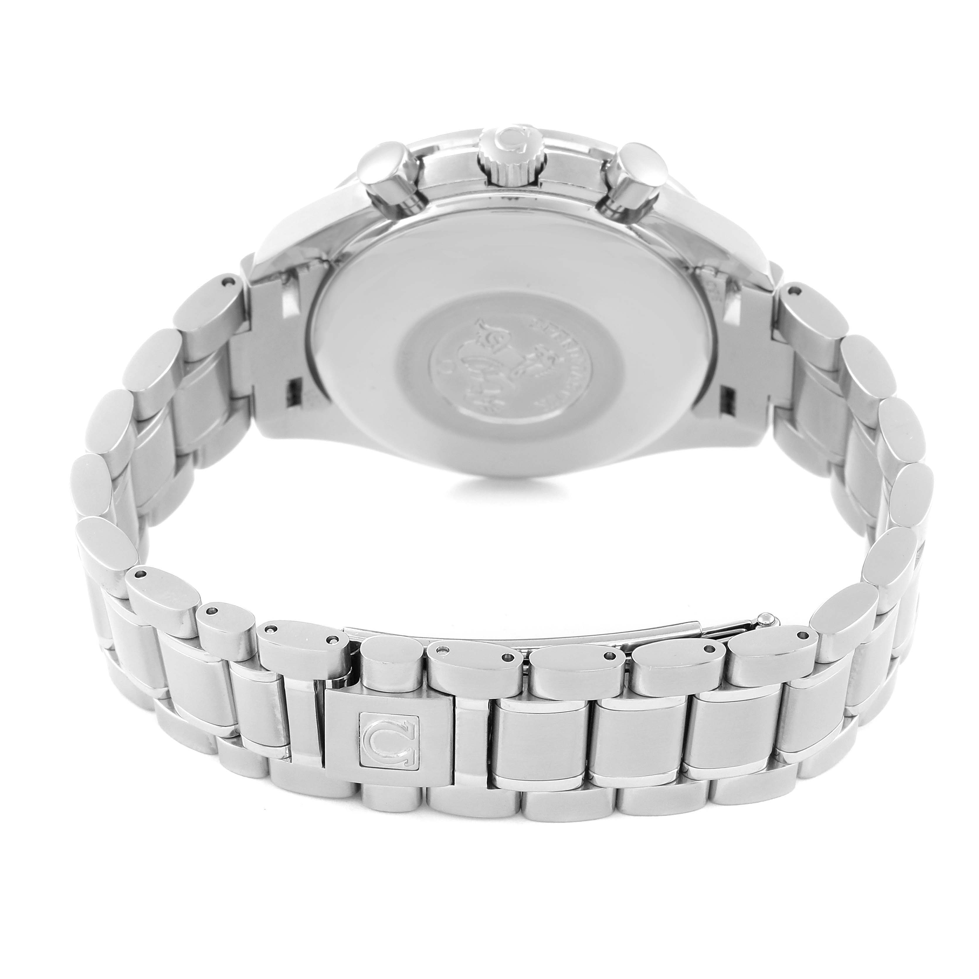 This image shows the back and bracelet of the Omega Speedmaster 3513.30.00 Men
s Stainless Steel Silver Dial 3513.30.00 Men
s Stainless Steel Silver Dial watch from a rear angle.