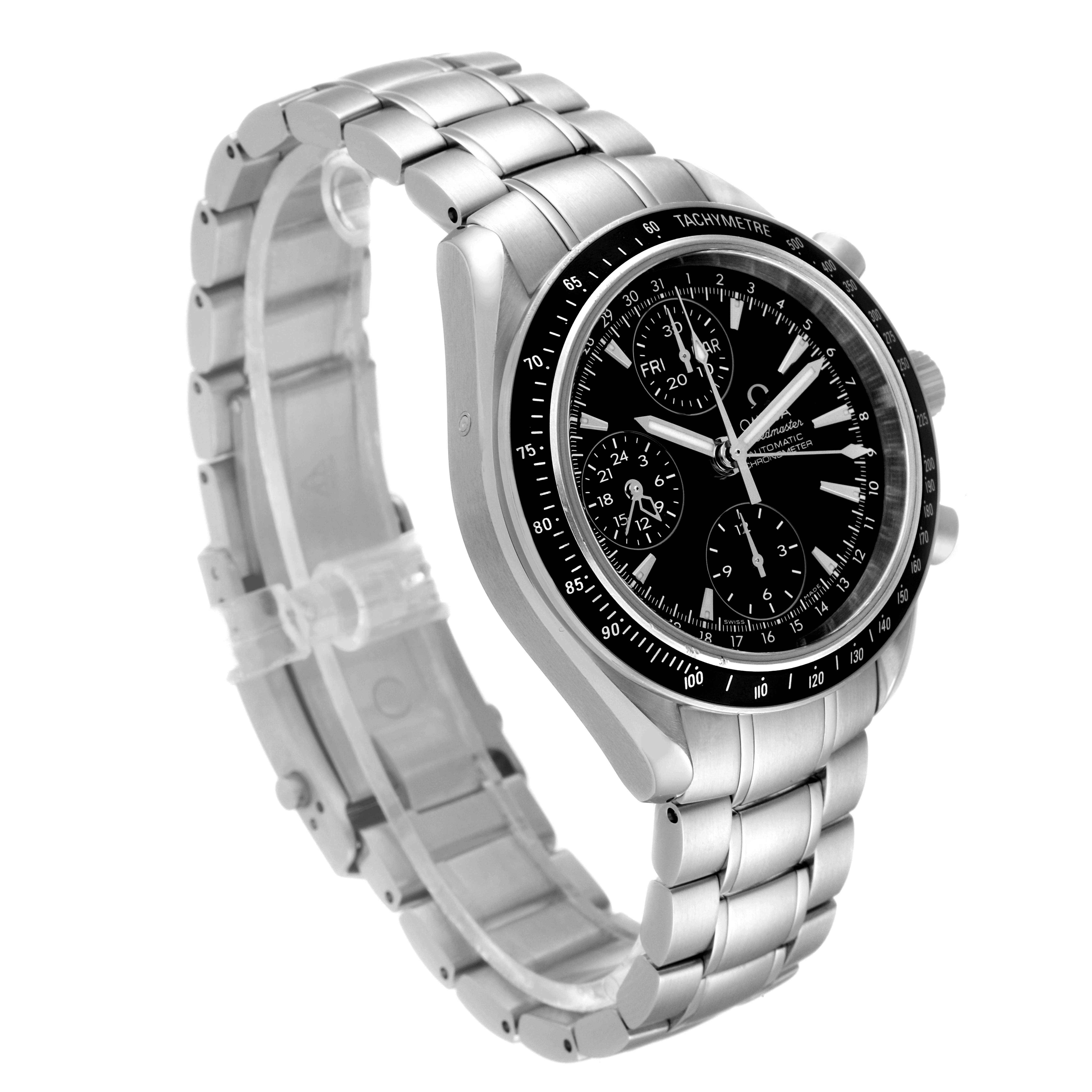 The Omega Speedmaster 3220.50.00 Men
s Stainless Steel Black Dial 3220.50.00 Men
s Stainless Steel Black Dial watch is shown at a 3/4 angle, highlighting its bezel, dial, and stainless steel bracelet.