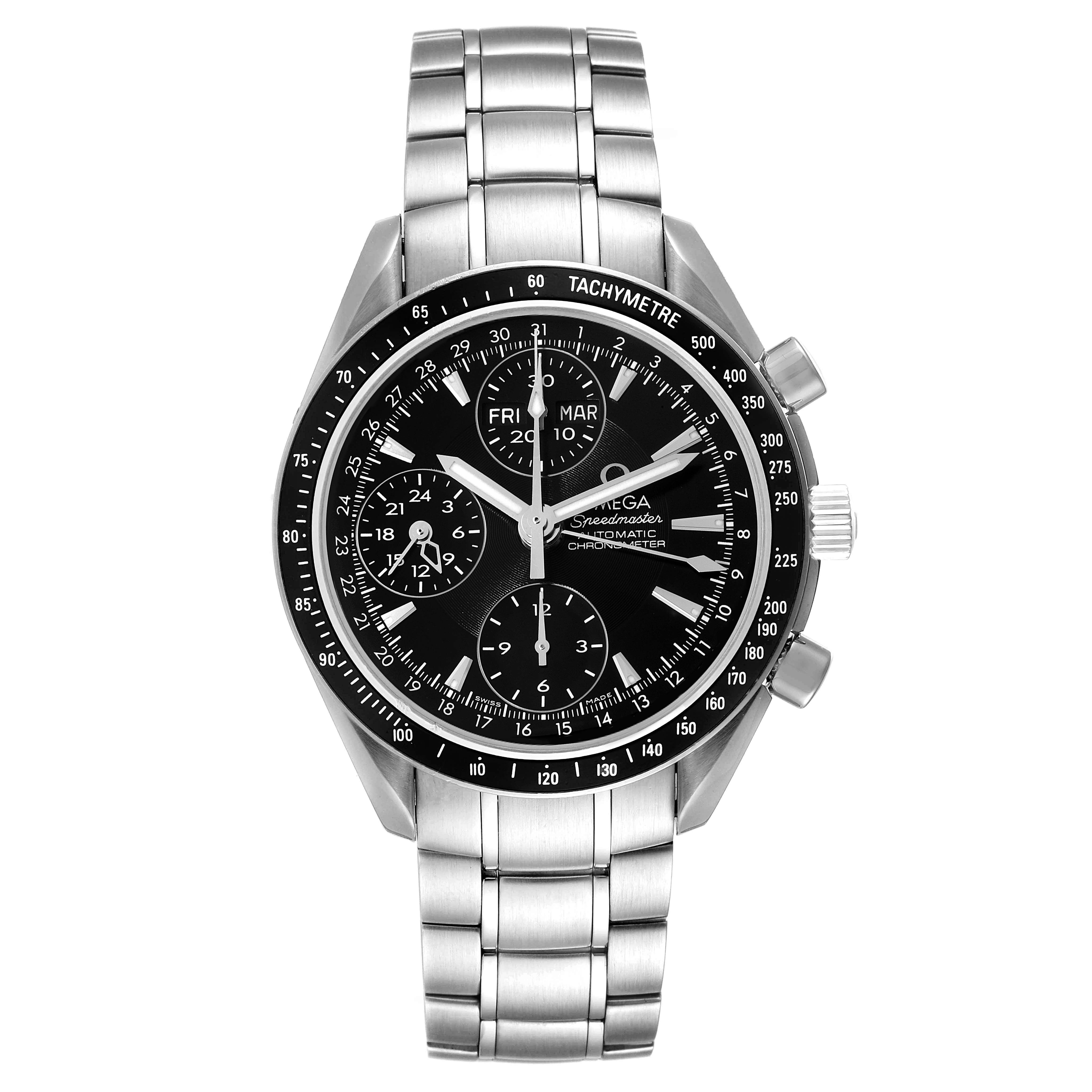 The Omega Speedmaster 3220.50.00 Men
s Stainless Steel Black Dial 3220.50.00 Men
s Stainless Steel Black Dial watch is shown from a front angle, displaying its dial, crown, pushers, and stainless steel bracelet.