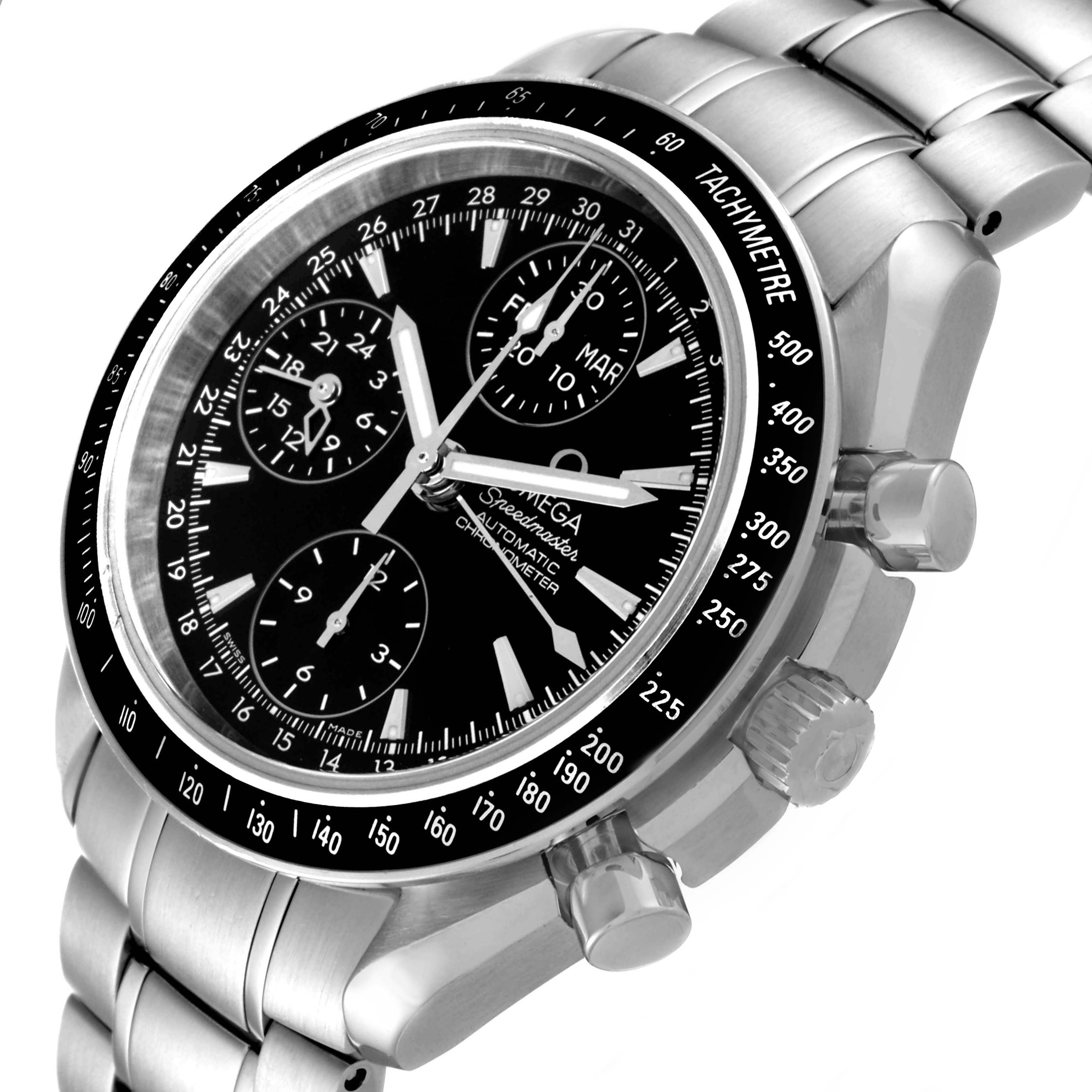 The image shows an angled side view of an Omega Speedmaster 3220.50.00 Men
s Stainless Steel Black Dial 3220.50.00 Men
s Stainless Steel Black Dial watch, highlighting its black dial, tachymeter bezel, and stainless steel bracelet.