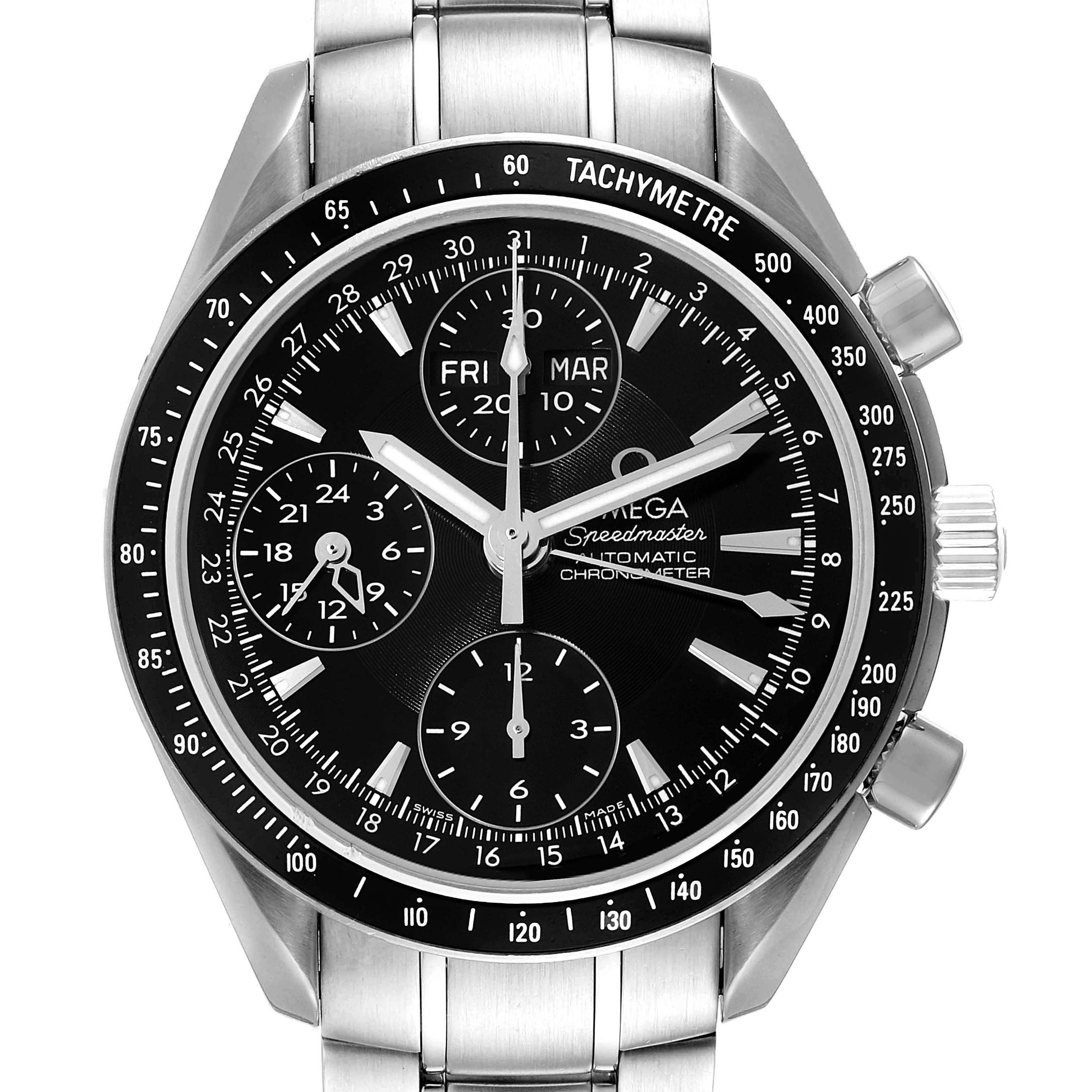 The image shows a frontal view of the Omega Speedmaster 3220.50.00 Men
s Stainless Steel Black Dial 3220.50.00 Men
s Stainless Steel Black Dial watch, highlighting its black dial, tachymeter bezel, and subdials.