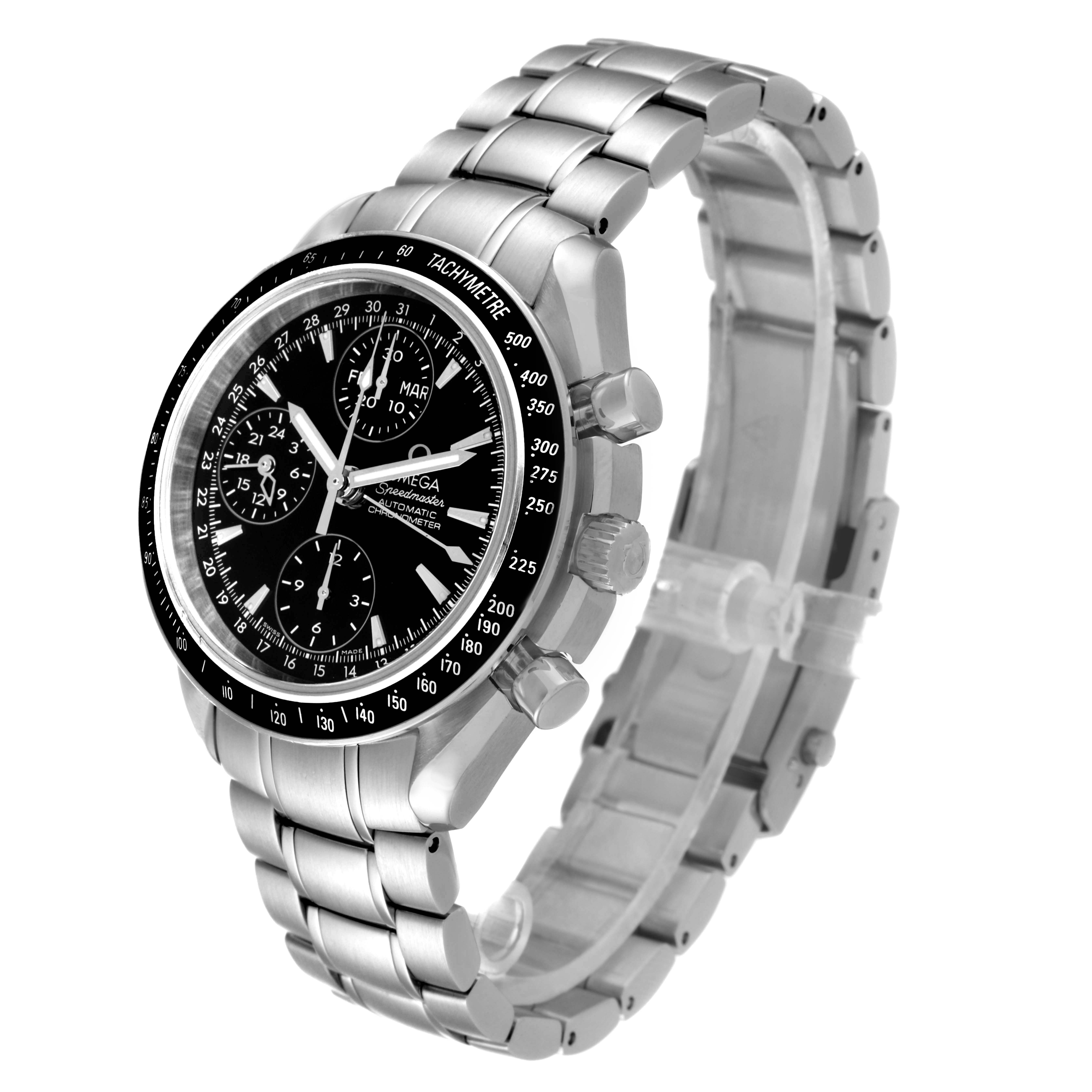 Side angle of the Omega Speedmaster 3220.50.00 Men
s Stainless Steel Black Dial 3220.50.00 Men
s Stainless Steel Black Dial showing the case, dial, bezel, chronograph subdials, and metal bracelet.