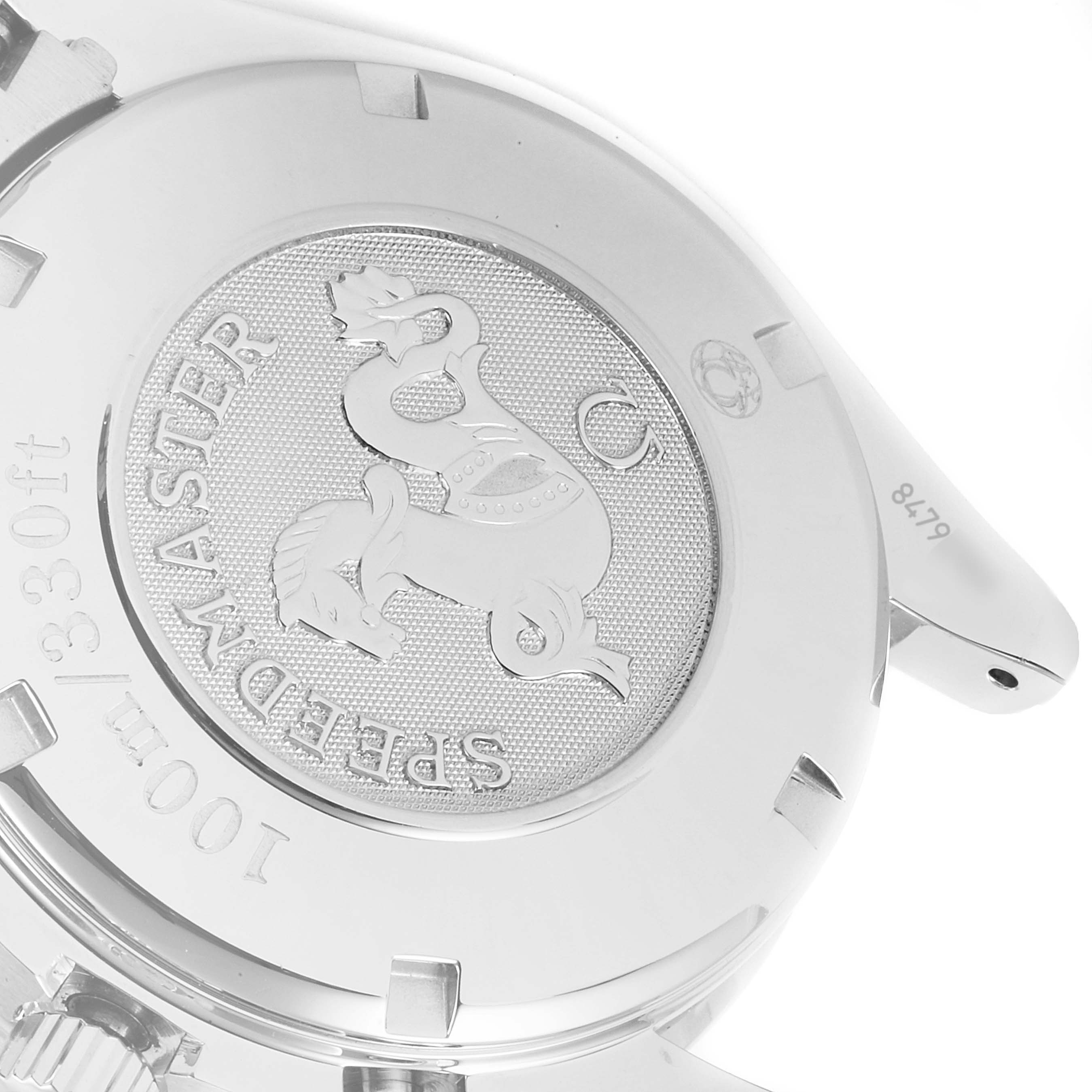 The image shows the engraved case back of an Omega Speedmaster 3220.50.00 Men
s Stainless Steel Black Dial 3220.50.00 Men
s Stainless Steel Black Dial watch.