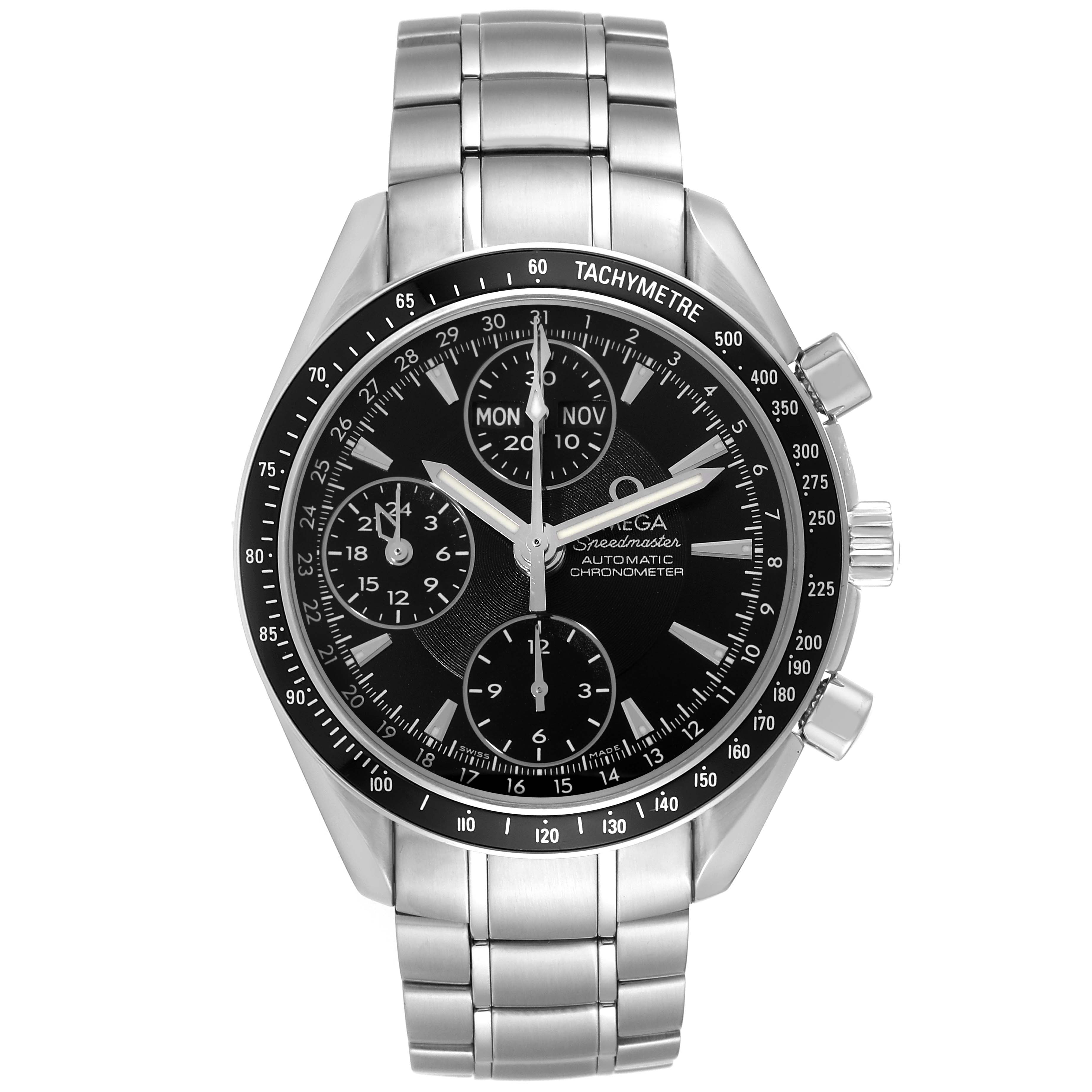 The Omega Speedmaster 3220.50.00 Men
s Stainless Steel Black Dial 3220.50.00 Men
s Stainless Steel Black Dial watch is shown from the front, displaying its black dial, tachymeter bezel, chronograph subdials, and metal bracelet.