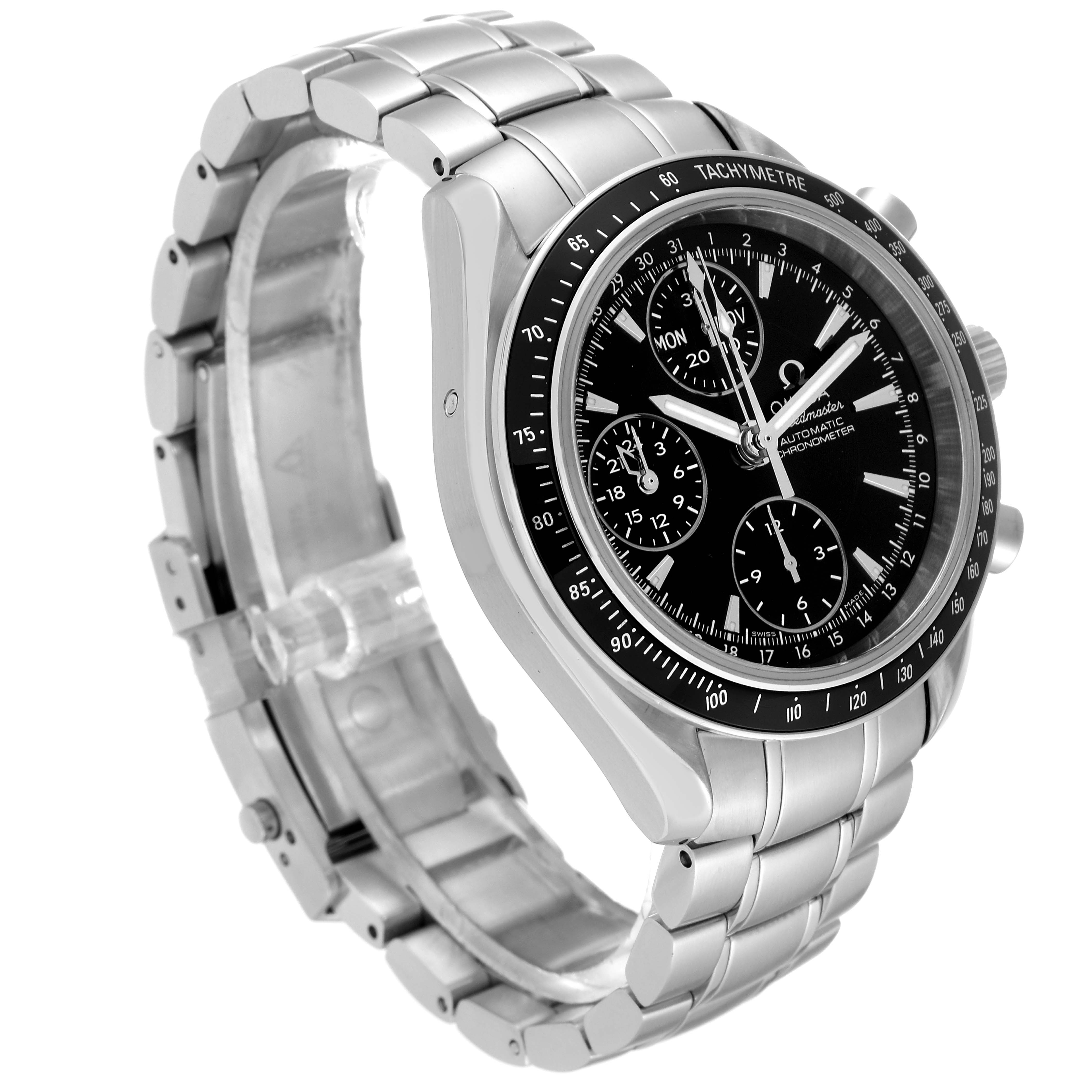The Omega Speedmaster 3220.50.00 Men
s Stainless Steel Black Dial 3220.50.00 Men
s Stainless Steel Black Dial watch is shown at an angled side view, displaying the dial, bezel, pushers, and bracelet.