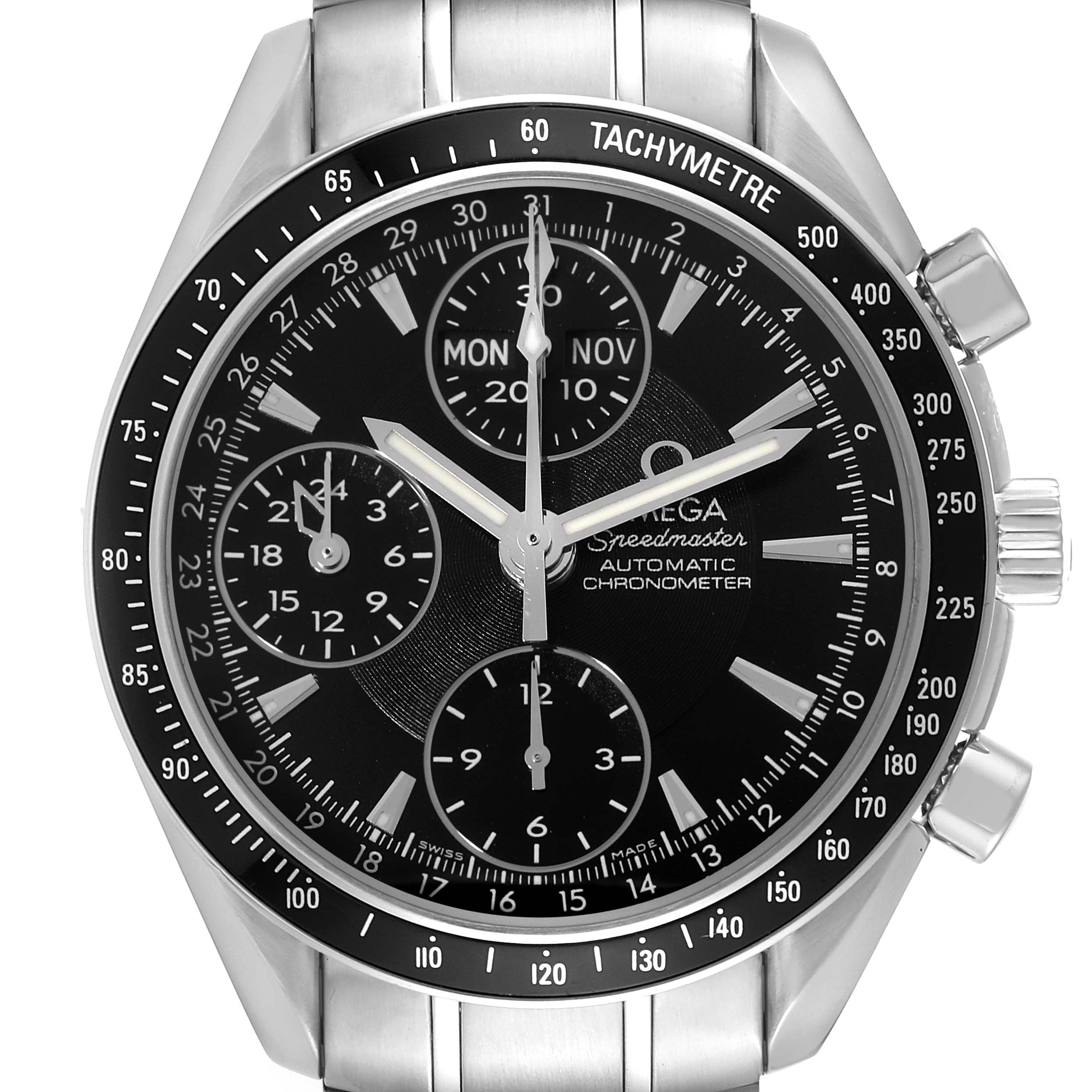 The image shows a front view of the Omega Speedmaster 3220.50.00 Men
s Stainless Steel Black Dial 3220.50.00 Men
s Stainless Steel Black Dial watch, highlighting its dial, tachymeter bezel, and side buttons.