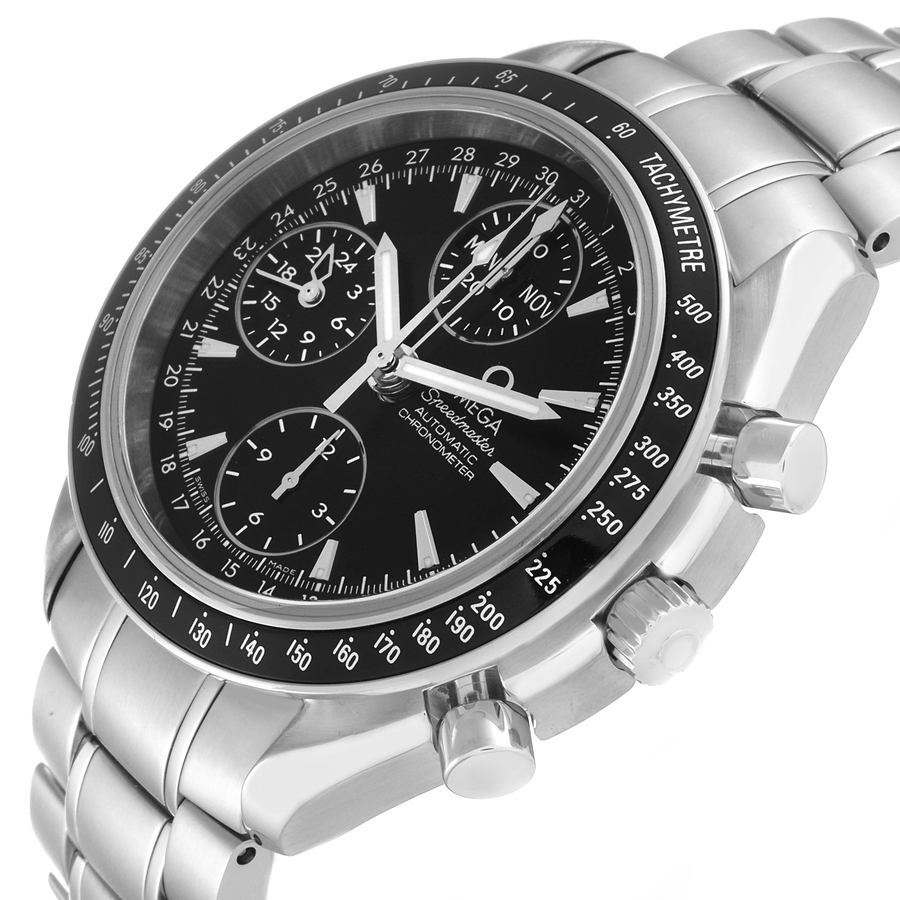 The Omega Speedmaster 3220.50.00 Men
s Stainless Steel Black Dial 3220.50.00 Men
s Stainless Steel Black Dial watch is shown at a tilted angle, highlighting the bezel, dial, sub-dials, crown, and bracelet.