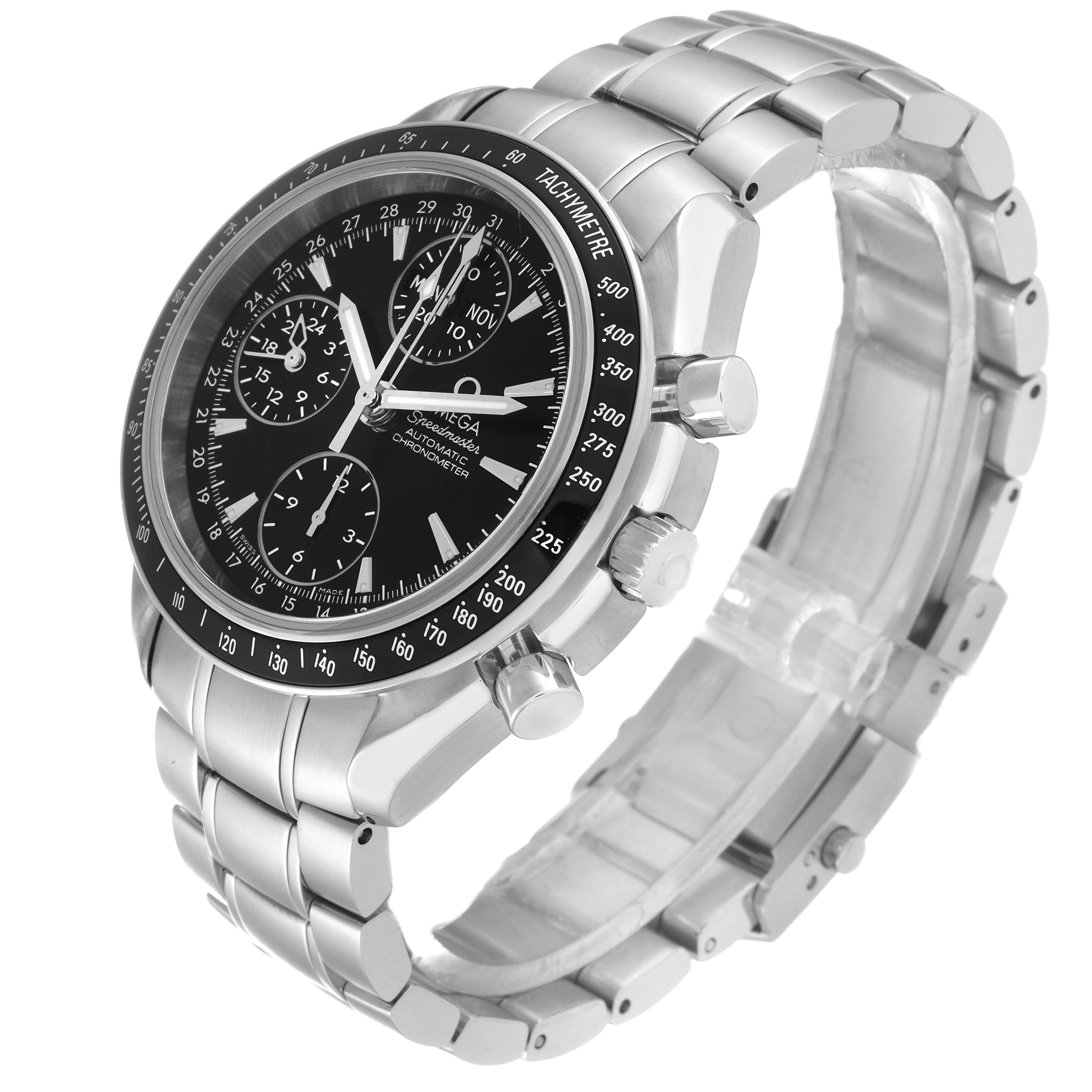 This image shows the Omega Speedmaster 3220.50.00 Men
s Stainless Steel Black Dial 3220.50.00 Men
s Stainless Steel Black Dial watch at an angled side view highlighting its dial, bezel, pushers, and bracelet.