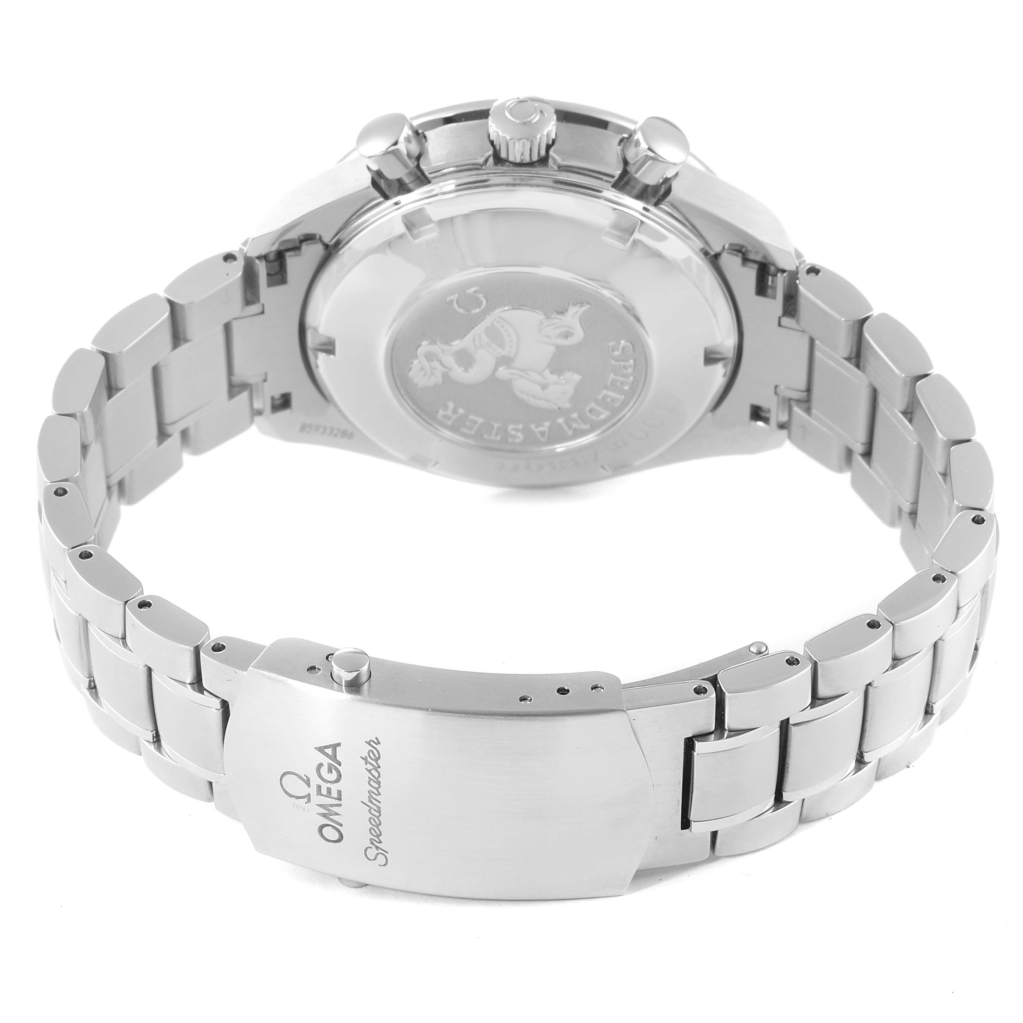 The image shows the back case, crown, and bracelet of the Omega Speedmaster 3220.50.00 Men
s Stainless Steel Black Dial 3220.50.00 Men
s Stainless Steel Black Dial watch at an angled view.