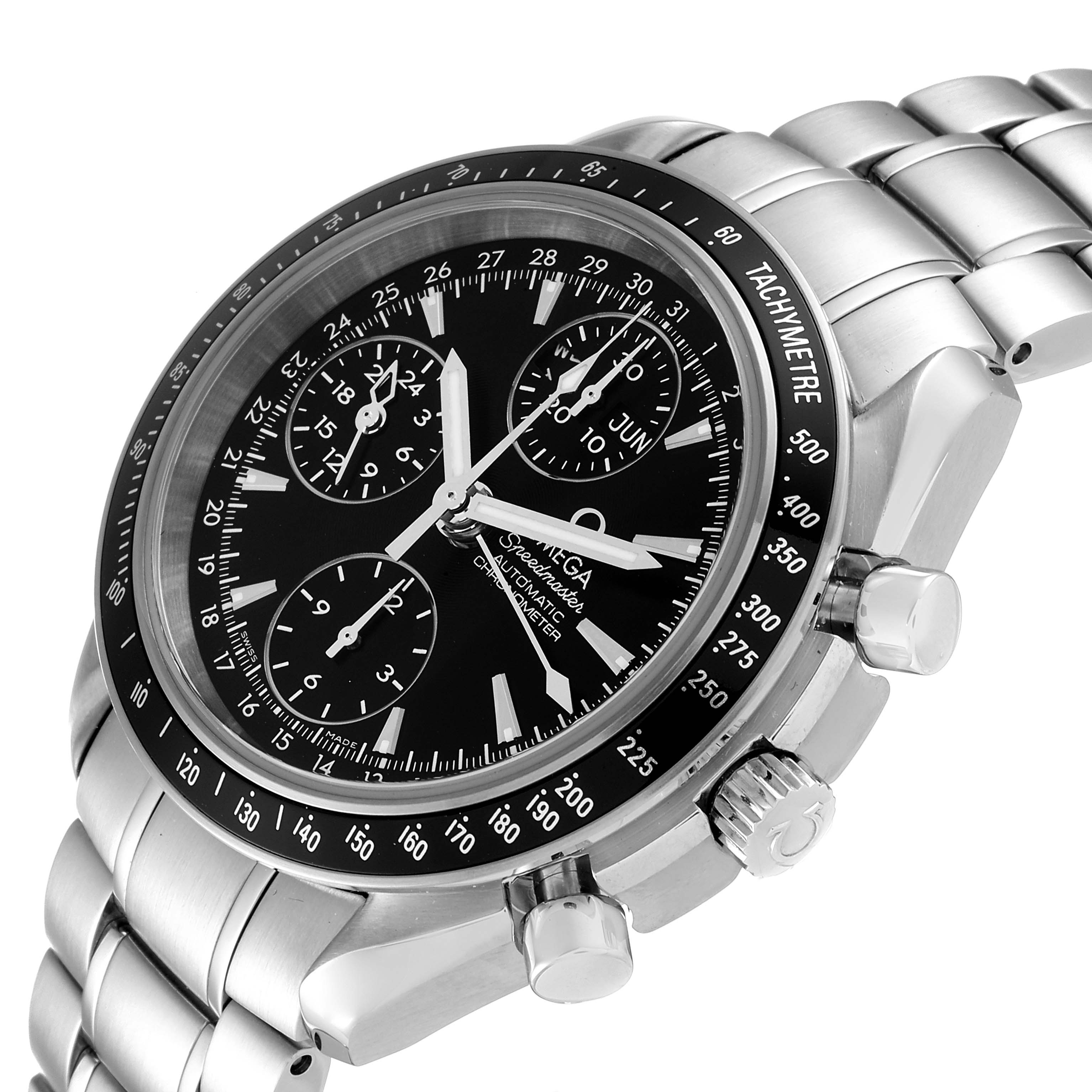 The image shows an angled view of the Omega Speedmaster 3220.50.00 Men
s Stainless Steel Black Dial 3220.50.00 Men
s Stainless Steel Black Dial watch, highlighting the black dial, bezel, chronograph subdials, and stainless steel bracelet.